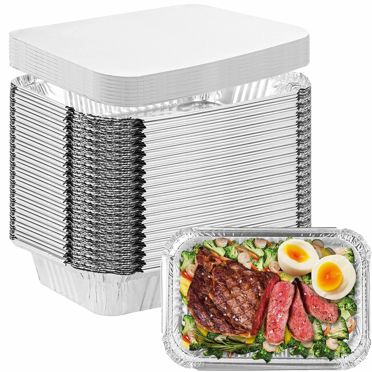 SENENQU Zestaw 75 misek aluminiowych z pokrywką 850 ml – jednorazowe miski z folii aluminiowej z pokrywką do pieczenia, smażenia, gotowania, małych pojemników – 21 x 14 cm