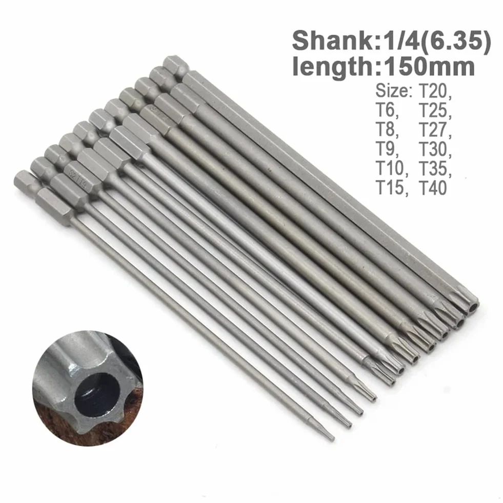 11 sztuk 150mm długi magnetyczny wkrętak torx bity z łbem płaskim sabotaż T6-T40 zestaw wierteł narzędzie ręczne do wkrętarki elektrycznej wiertarki