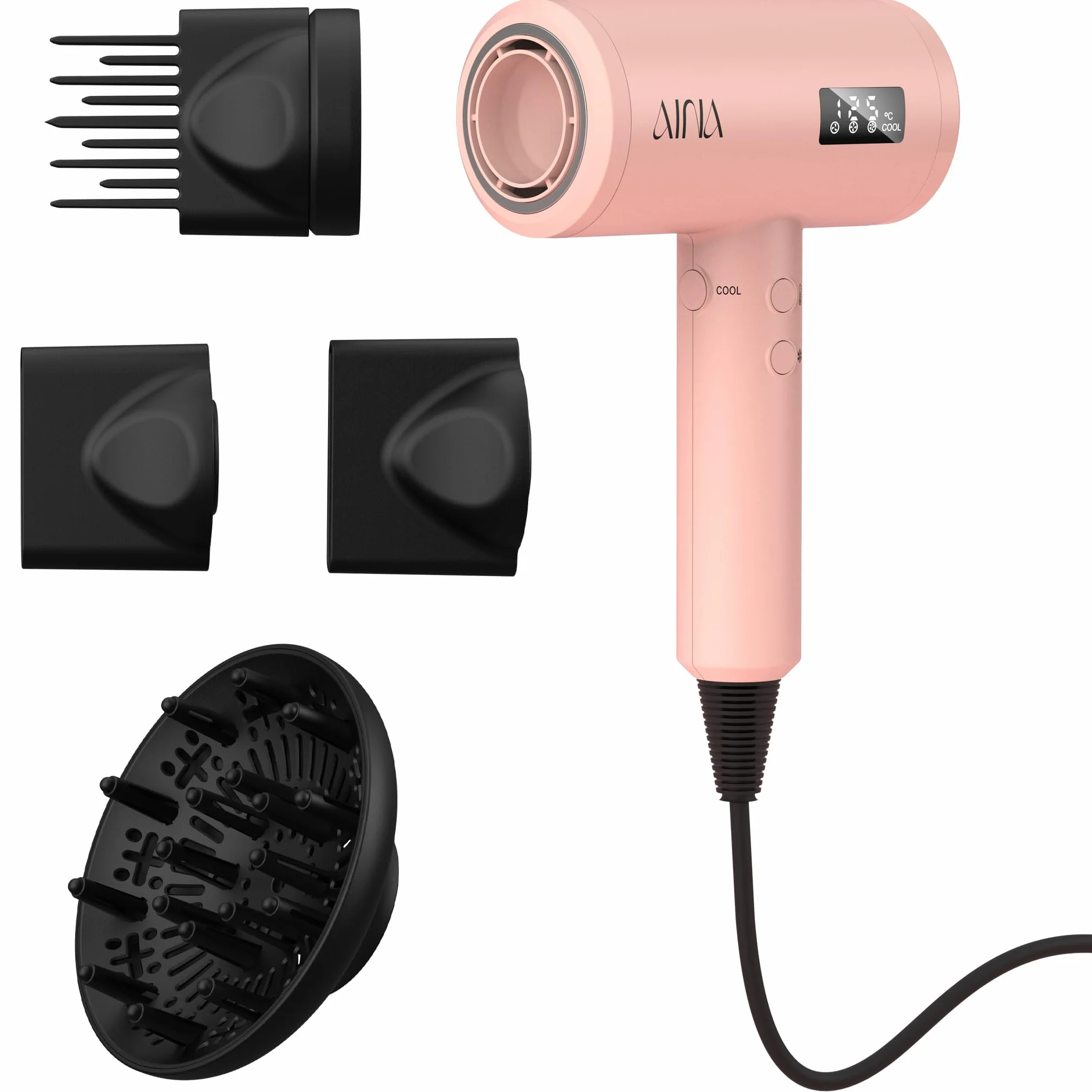 AINA Pro Salon Hair Dryer (New tech), 2200 W Blow Dryer z grzebieniem dyfuzora dla kobiet | BLDC Hair Dryer | bezszczotkowy silnik 150 000 obr./min | jonowa | wyświetlacz LED | 4 magnetyczne akcesoria
