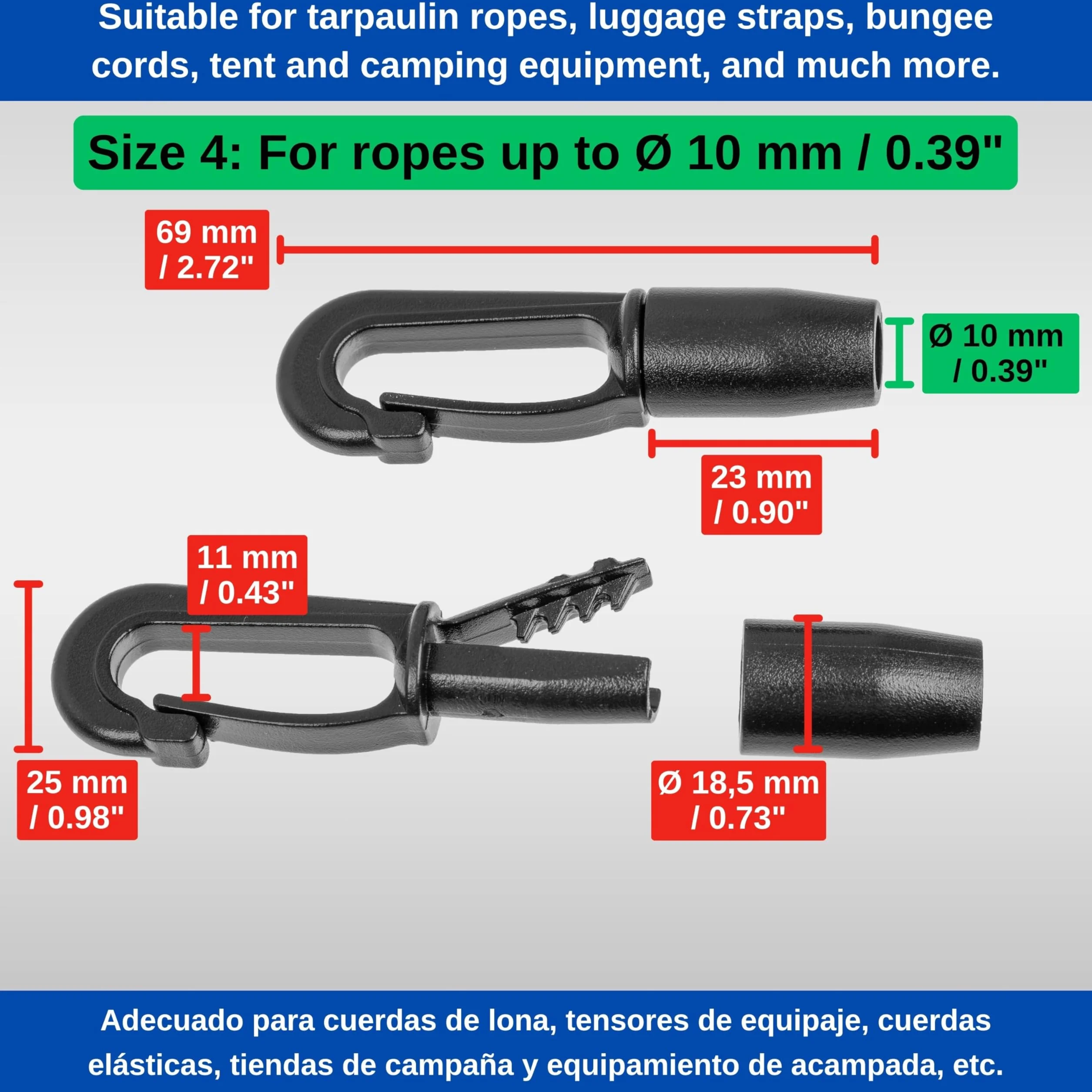 Karabińczyki z tworzywa sztucznego, 12 sztuk, w kolorze czarnym, do taśm o średnicy 9 – 10 mm, plastikowe haczyki DIY na gumową linkę, smycz, sznurek sznurkowy z systemem wtykowym, napinacz liny do