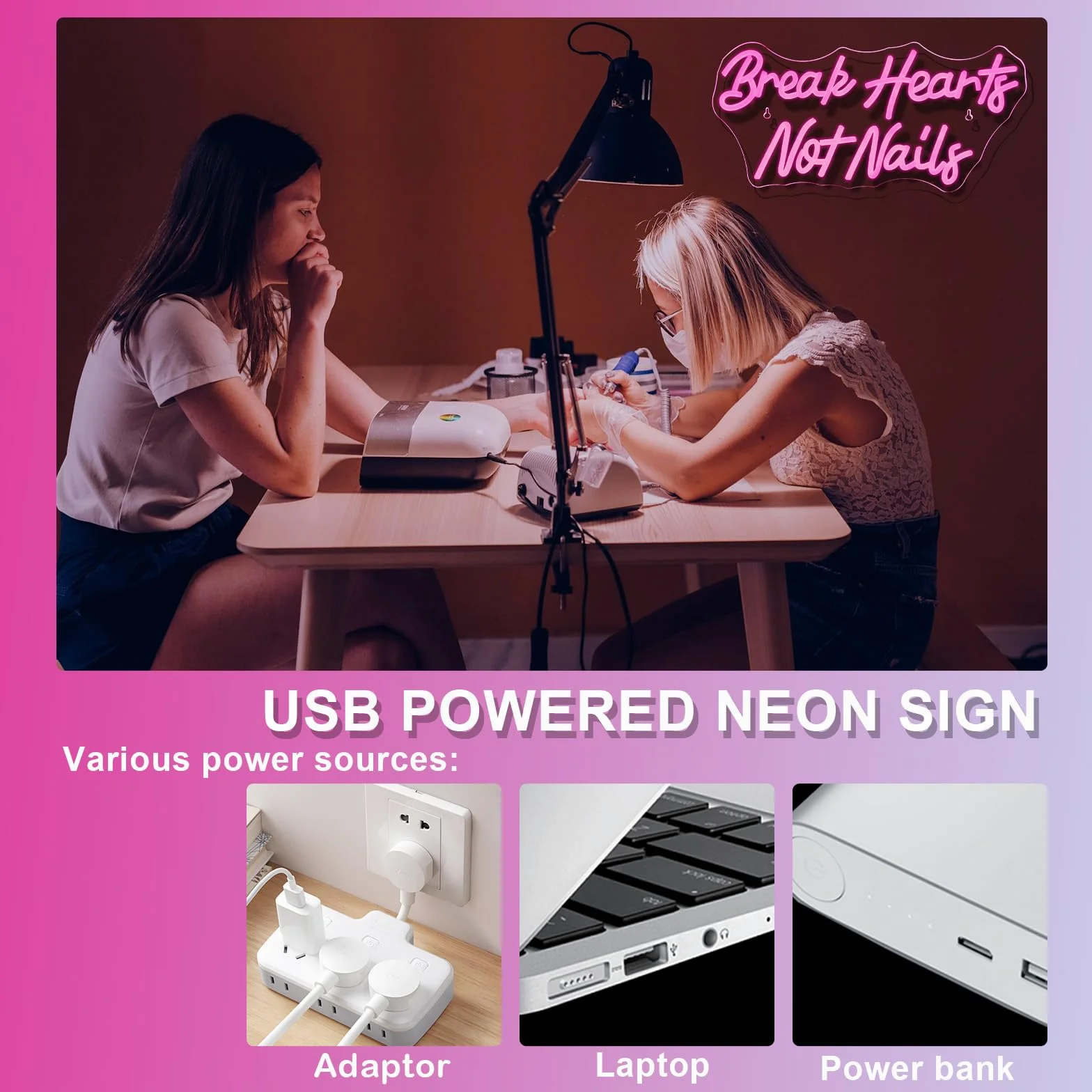 Neonowy znak "Break Heart Not Nails" do dekoracji ścian, neonowy jasnoróżowy neon LED do sypialni, paznokci, salonu, salonu piękności, sklepu, dekoracja, prezent
