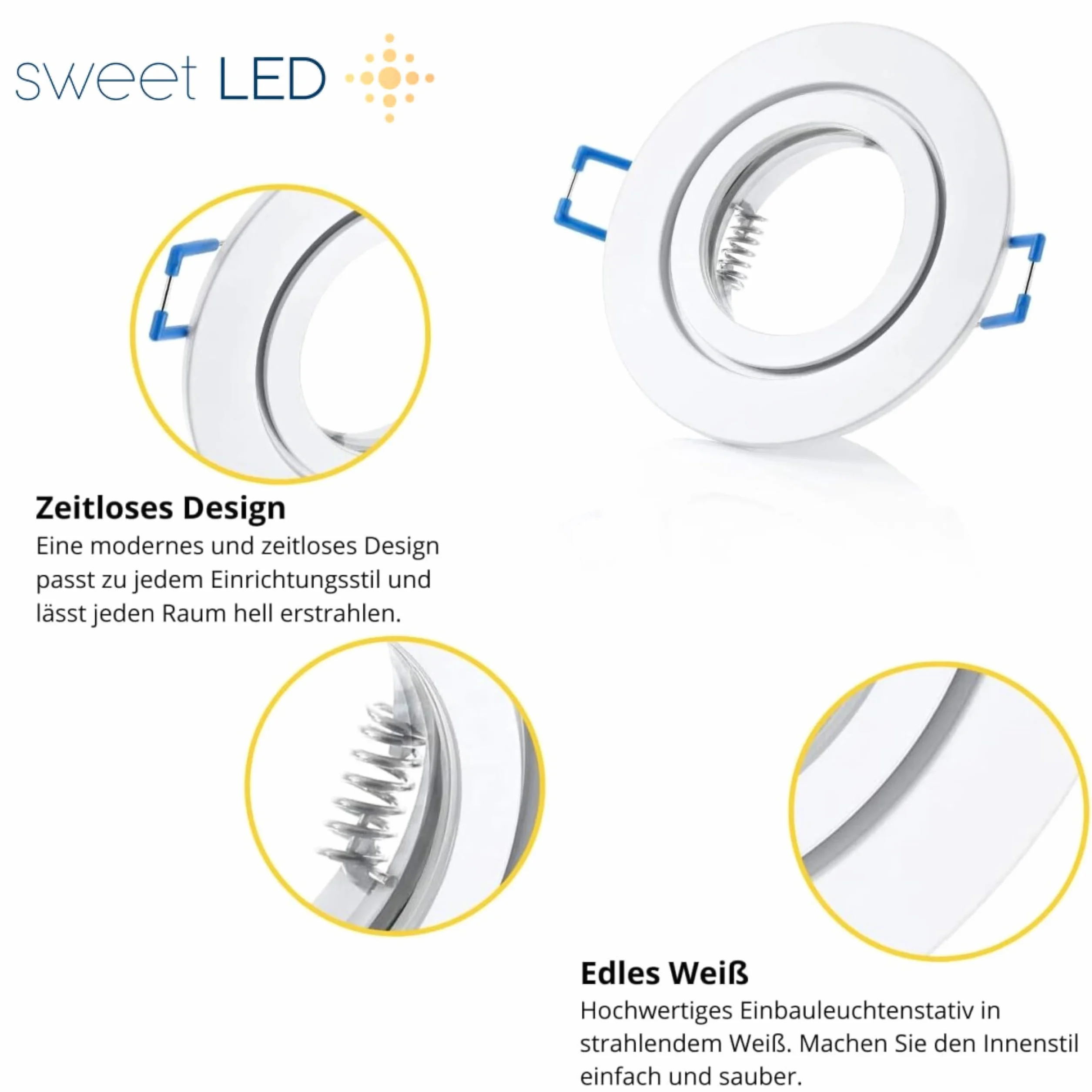 Słodkie Led 4x Ramki do Montażu w zestawie z Gniazdem GU10 230V IP44 Ramki do Wbudowanych Lamp Aluminiowe Spoty do Montażu w Łazience, Oświetlenie Meblowe, Spot Downlight - Okrągłe, Białe