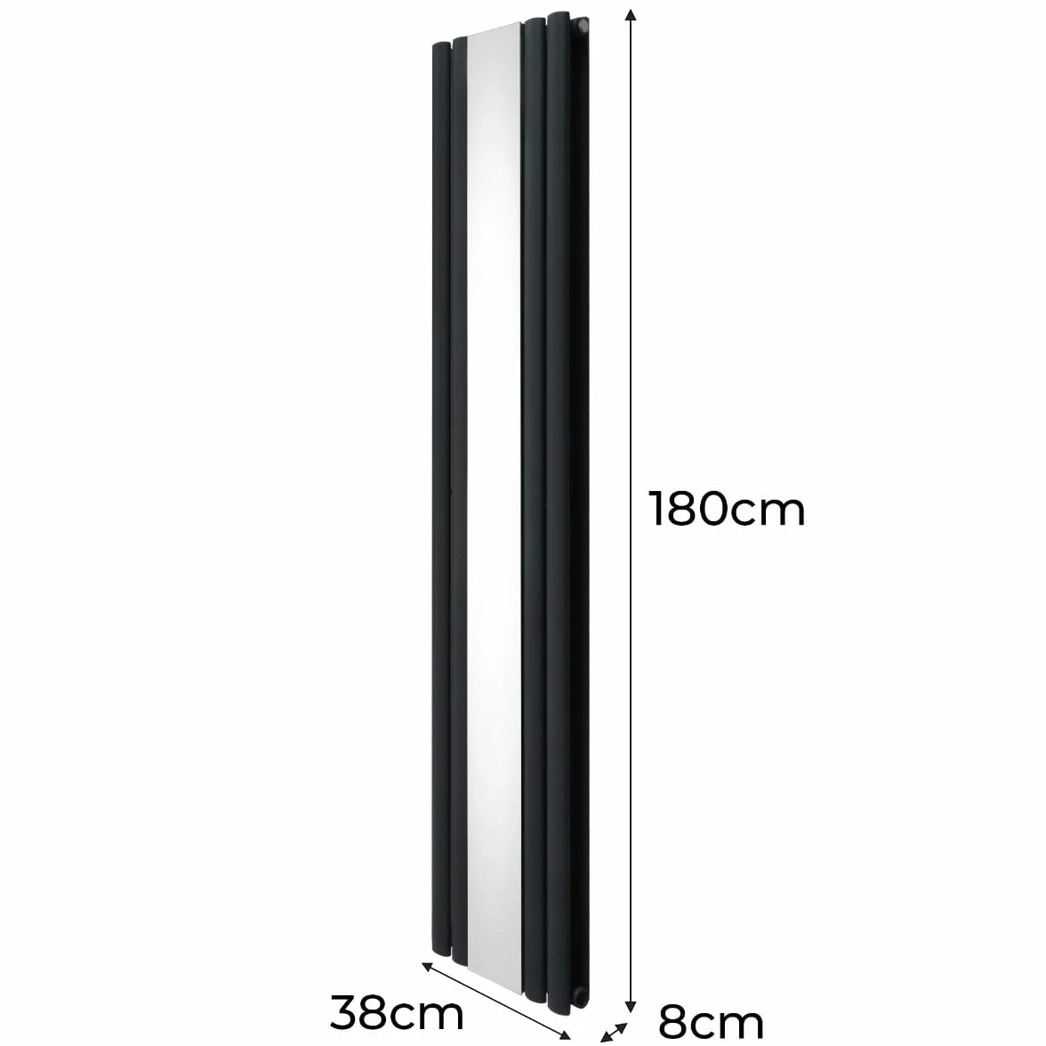 Monster Shop Grzałka z panelem owalnym z lustrem 1800mm x 380mm nowoczesna, designerska, podwójna kolumna, pionowy grzejnik, matowa, antracytowo-szara, ze stalą węglową, mocowanie ścienne, zestaw do