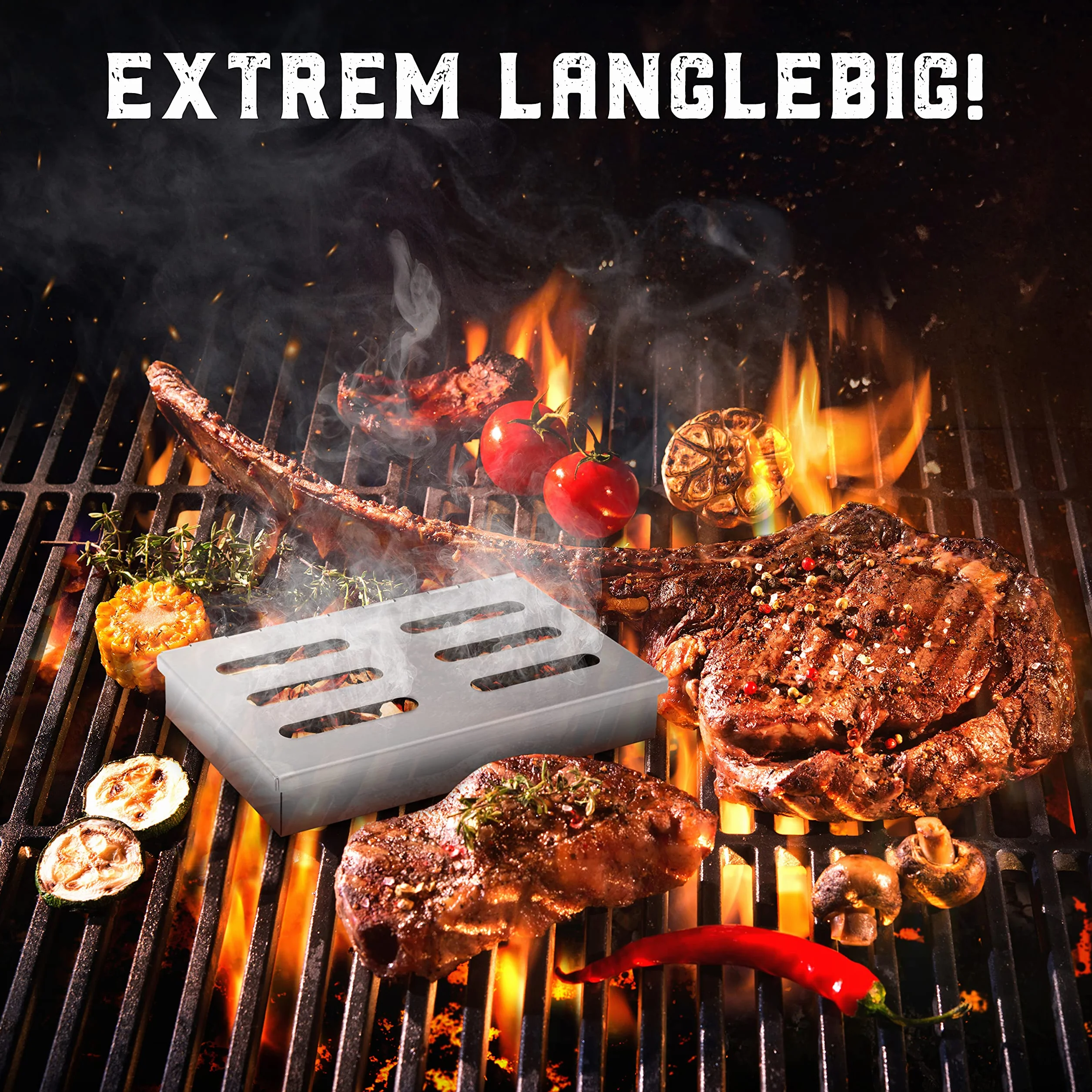 Räucherphorie® Räucherbox - Premium skrzynka wędzarnicza ze stali nierdzewnej + E-Book - Wędzarnia BBQ w wersji premium do grilla gazowego, elektrycznego lub na węgiel drzewny (RB1)