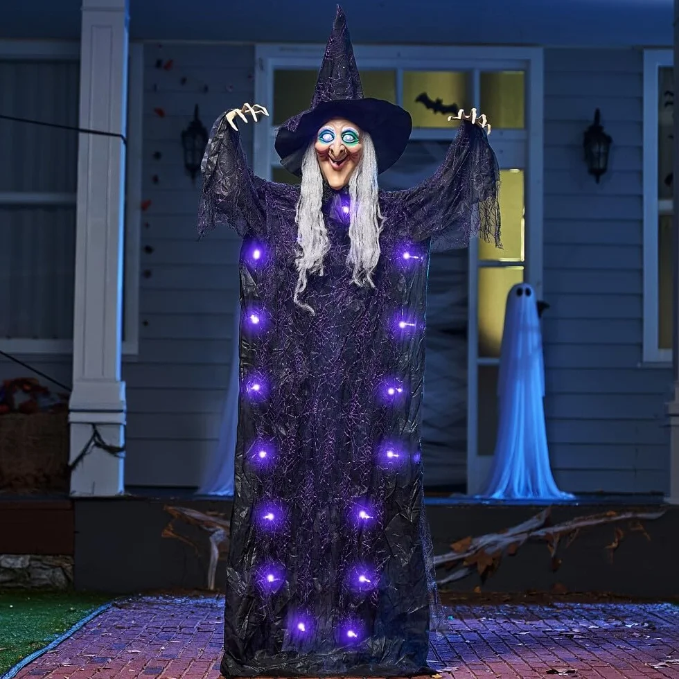 JOYIN Dekoracje na Halloween 183 cm do wnętrz wisząca gadająca czarownica wystrój, świecący duch z fioletowymi oczami aktywacja dźwiękiem nawiedzony dom artykuły imprezowe rekwizyt