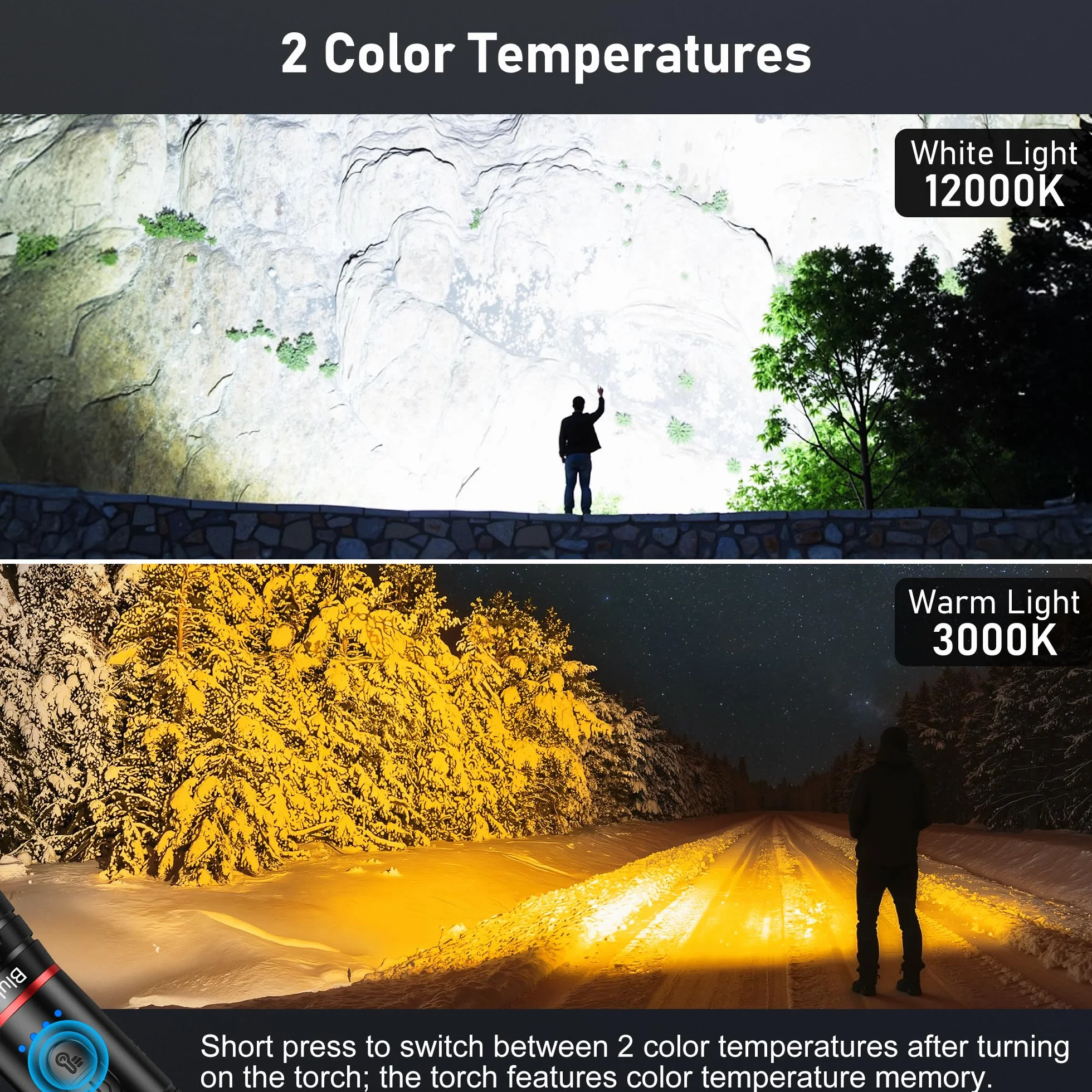 Blukar Latarka LED z 2 temperaturami barwowymi, superjasna latarka z funkcją zoomu, ładowalna, z 10 trybami świecenia, wodoodporna latarka ręczna do użytku na kempingu, w sytuacjach awaryjnych itp
