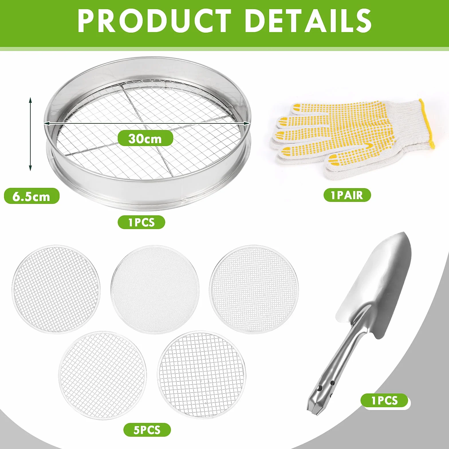 Sitko do kompostu ze stali nierdzewnej 30 cm 5 sitek wymiennych 3-12 mm srebrny