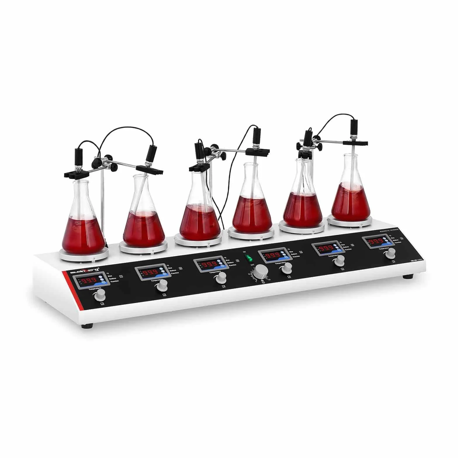 Steinberg Systems Mieszadło magnetyczne z płytą grzejną SBS-MR-1600/6 (6 płyt o średnicy 12 cm, 5-99°C, 1000 ml, timer 120 min, 870 W, 1600 obr./min, w zestawie 12 magnetycznych prętów do mieszania)