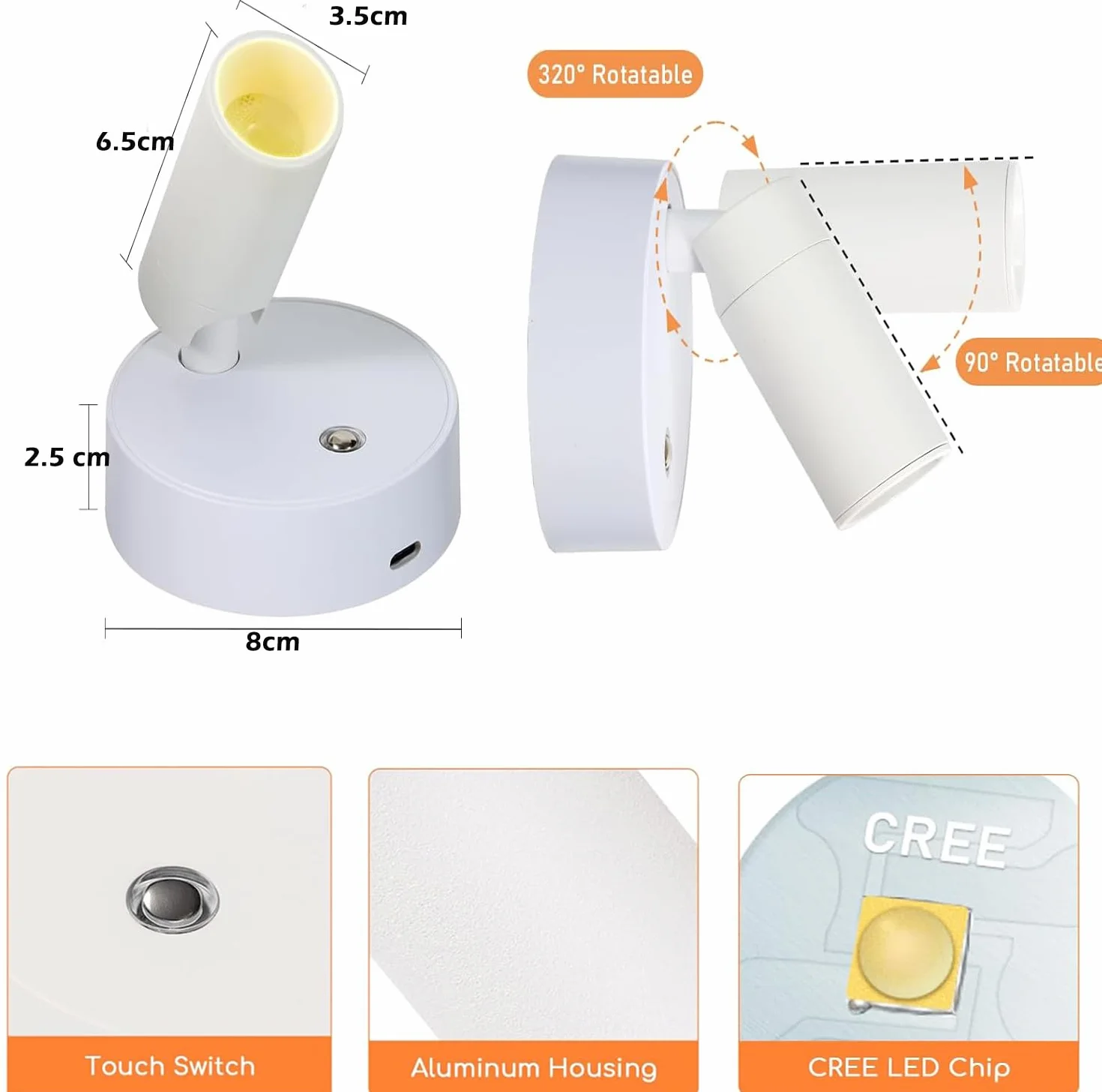 Cefrank Ściemnialny Bezprzewodowy Reflektor LED na baterie 4000K 2000mAh Czas pracy 320° Obrotowy 1 sztuka Biały, Lampy do czytania - Montowane na biurkach, szafkach, łóżkach