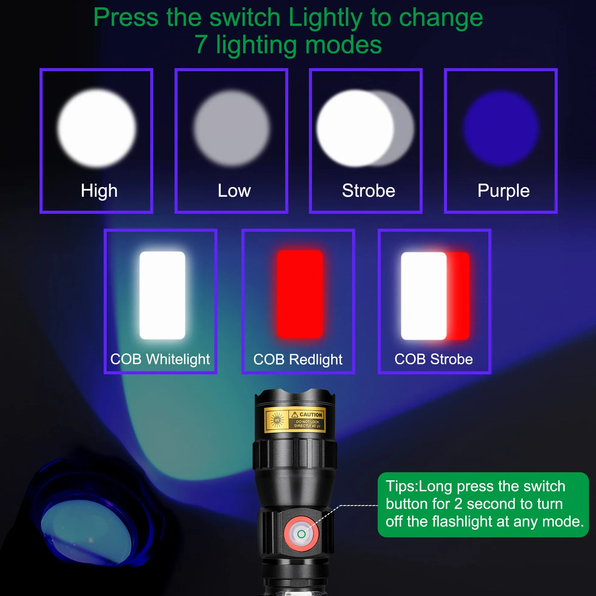 DARKBEAM Latarka UV 365 nm czarne światło USB do ładowania, 7 trybów, LED czerwone światło regulowana przenośna na kemping, wykrywacz moczu zwierząt domowych, utwardzanie żywicy, magnetyczna podstawa