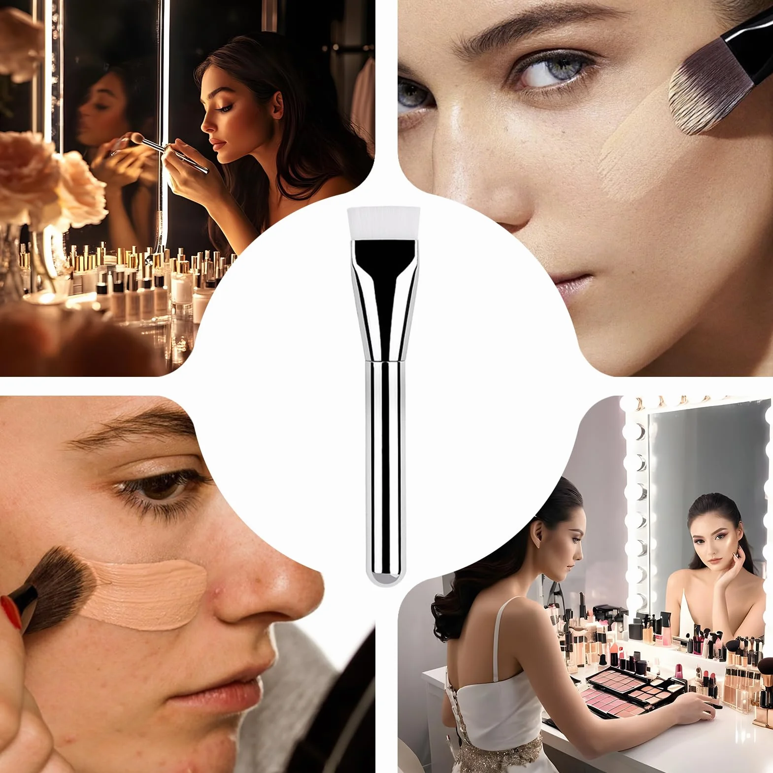 Foundation Brush, Flat Top Brushes, 5.63 Inches Portable Ultra Thin Design with Concealer Pad, Flattop Makeup Tool for Buffing, Blending, Face, Cheeks, Nose, Beauty Routine, Cosmetics
