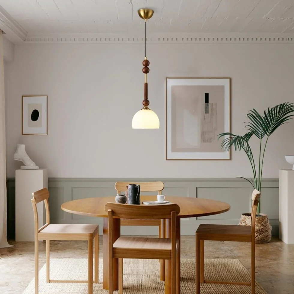 Nowoczesna lampa wisząca z połowy wieku vintage, półkopuła, klosz, lampa wisząca z drewnianymi akcentami, regulowana wysokość, oprawa żyrandolowa do jadalni, przy łóżku, wejściu (cylindryczna)