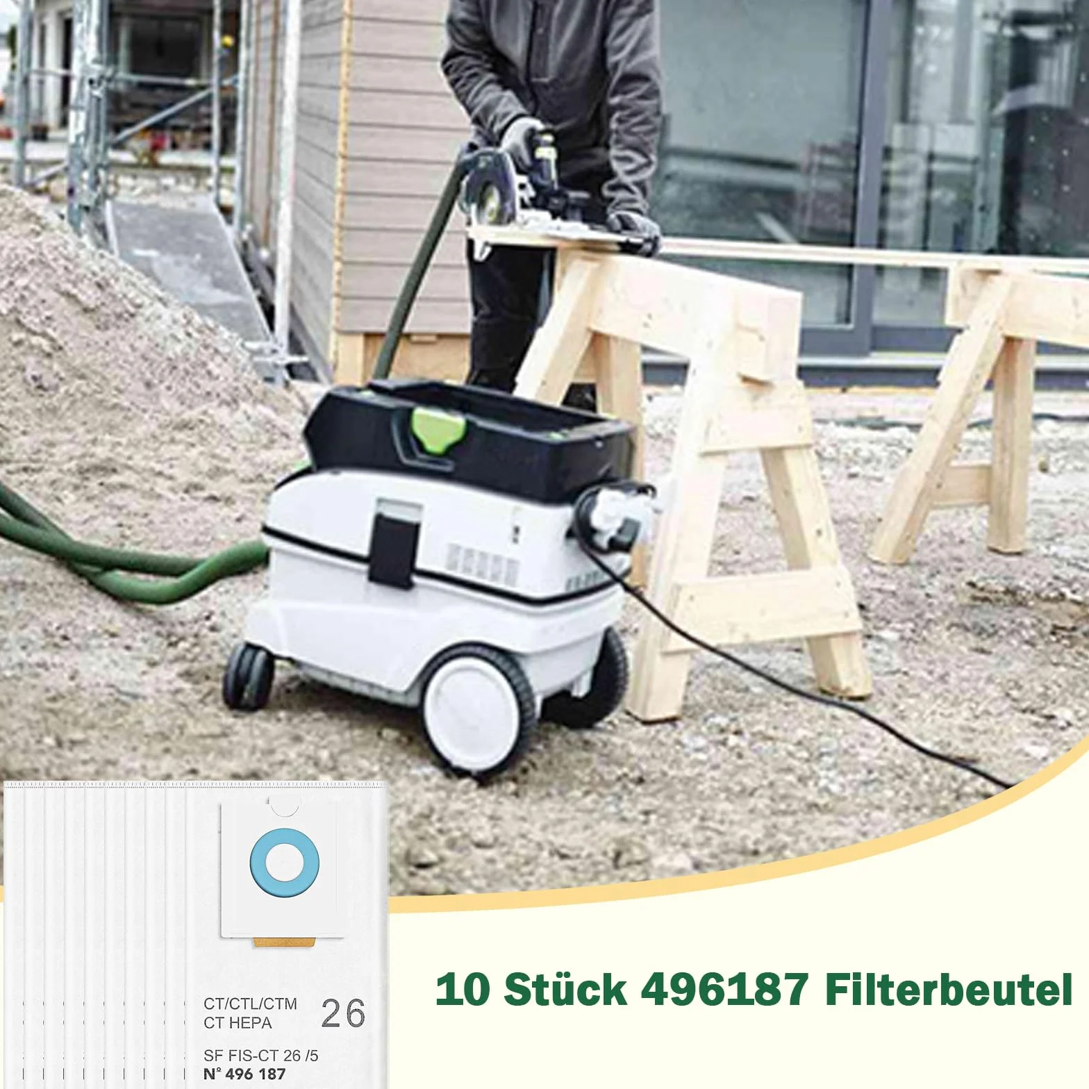 10 sztuk worków do odkurzacza SC FIS-CT 26/5, części zamienne, worki filtrujące SELFCLEAN do Festool CT 26 / CTM 26 E/CTL 26 E CLEANTEC, akcesoria o dużej pojemności (496187 worek zapasowy)
