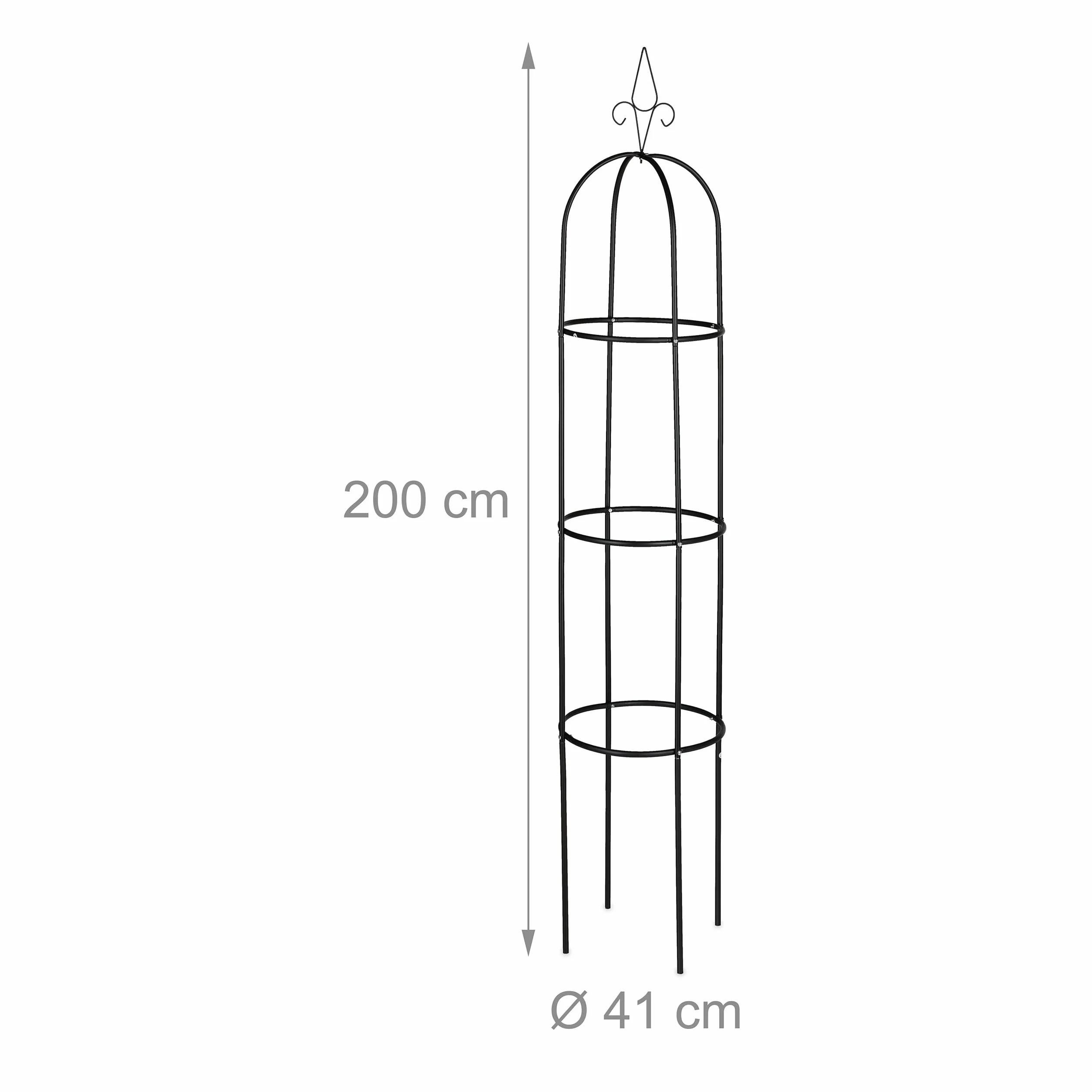 Relaxdays Pergola Obelisk, wysokość 200 cm, do roślin pnących, metalowa, wolnostojąca, pomoc do wspinaczki róż, czarna, 200 x 41 cm