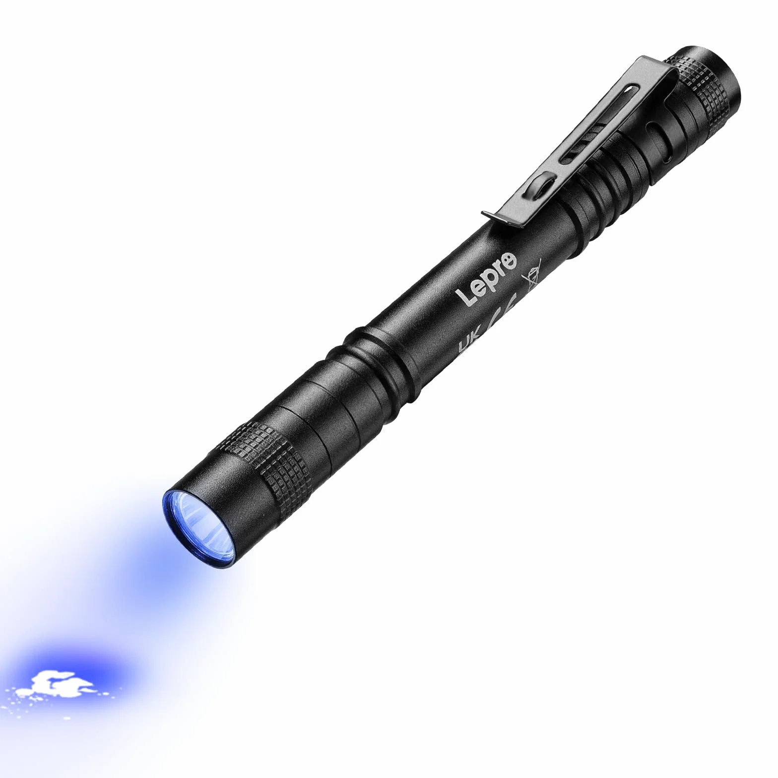 Lepro Latarka UV 365 nm, latarka ultrafioletowa, latarka z klipsem, wysoka czystość UV, małe światło ultrafioletowe zasilane 2 bateriami AAA (brak w zestawie), wykrywacz czarnego światła do moczu