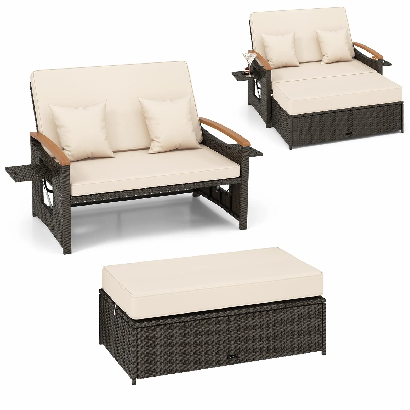 LIFEZEAL salon ogrodowy 2-osobowa sofa z regulowanym oparciem 4-pozycyjnym rattan PE obciążenie 360 kg