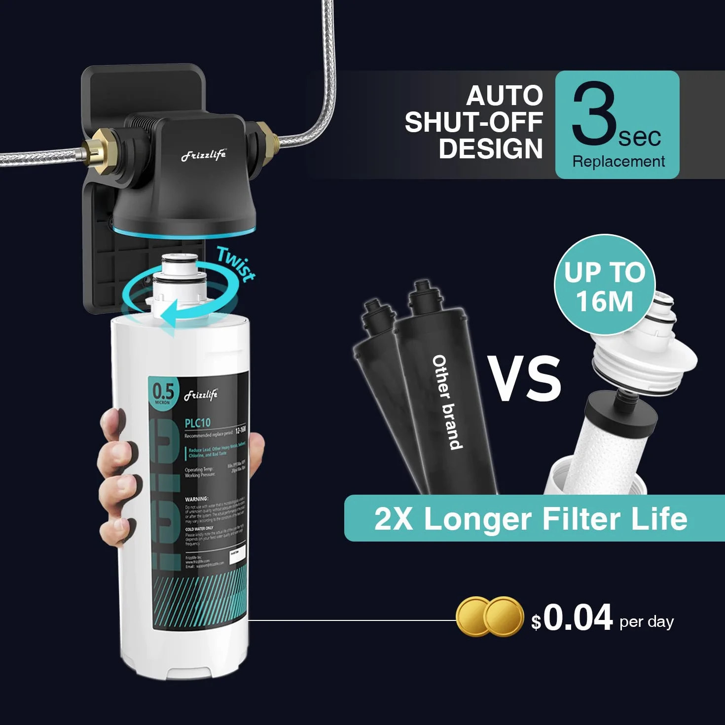 Frizzlife SW10 System filtrów wody pod zlewozmywakiem, certyfikat NSF/ANSI 53&42, redukuje 99,99% ołowiu, chloru, złego smaku i zapachu, bezpośredni łącznik pod filtrem wody pitnej, 0,5 mikrona