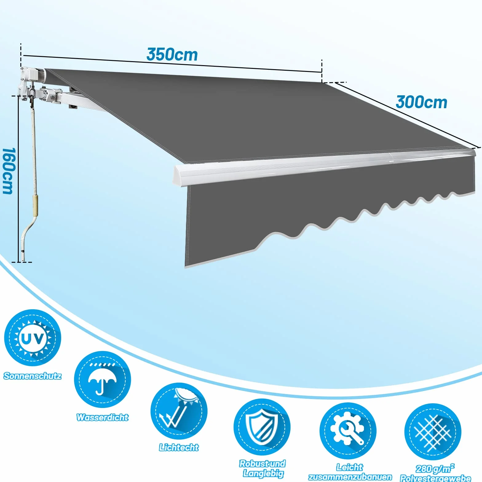 Herrselsam Markiza z ramieniem przegubowym 350x300 cm zwijana z korbą ręczną kąt regulowany szara