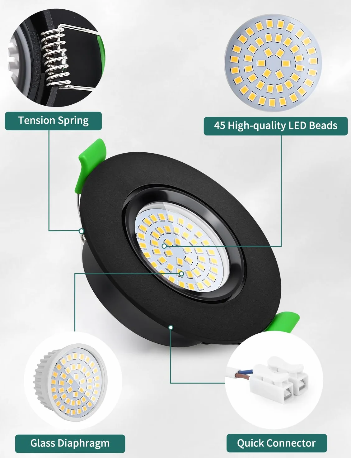 KYOTECH reflektory LED wpuszczane z możliwością ściemniania 68–80 mm 5W IP44, ultracienkie, neutralna biel 4000K, wodoszczelne rotacyjne o 45° reflektory sufitowe do łazienki, czarne, zestaw 6 sztuk