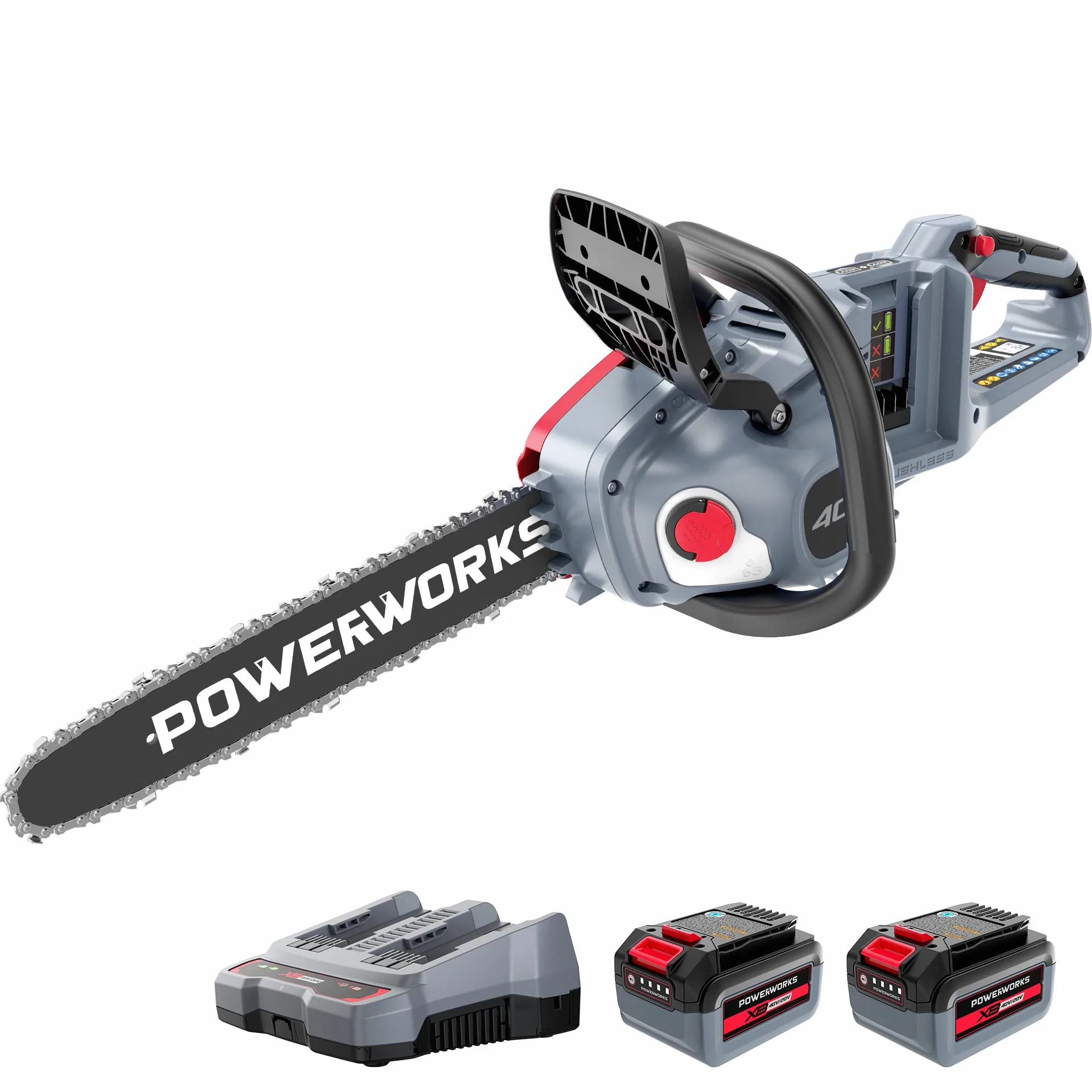 POWERWORKS akumulatorowa piła łańcuchowa 20 V bezszczotkowa 35 cm 4 Ah 2 x akumulator ładowarka