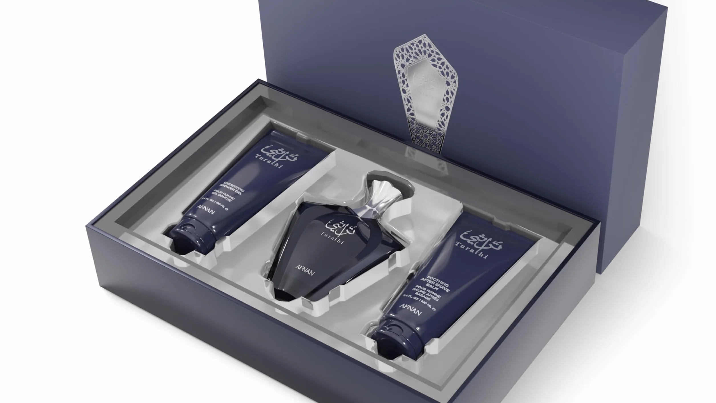 Afnan Turathi Blue 3-częściowy zestaw dla mężczyzn, woda perfumowana w sprayu + żel pod prysznic 100 ml + balsam po goleniu 100 ml