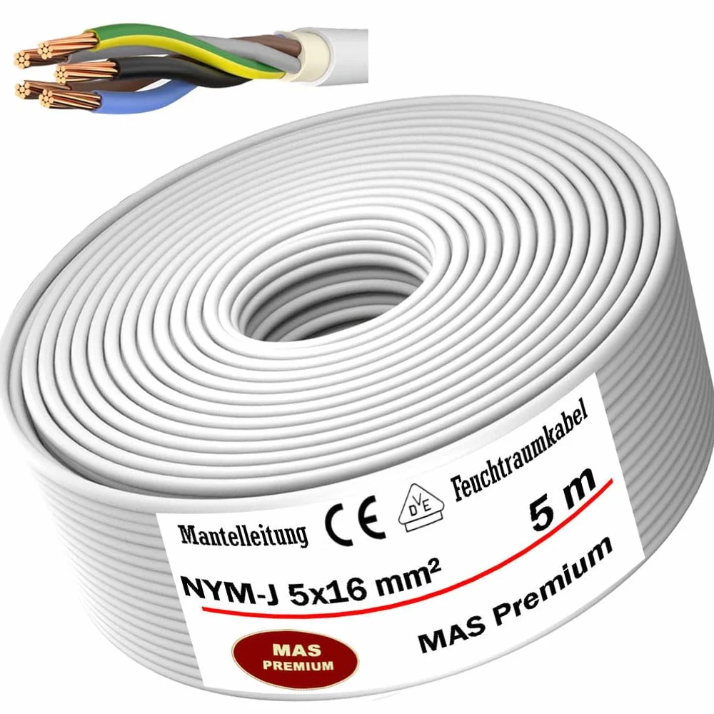 MAS Premium Kabel zasilający do wilgotnych pomieszczeń, kabel zasilający 5-170 m, przewód płaszczowy NYM-J 5 x 1,5, 2,5, 4, 6, 10 lub 16 kabel elektryczny pierścień do stałego układania (NYM-J 5 x 16