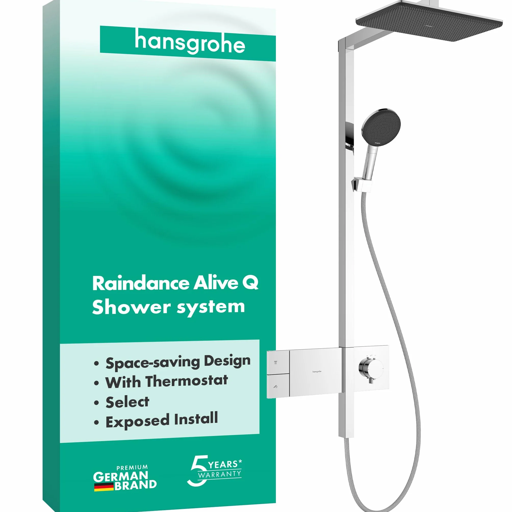 hansgrohe Raindance Alive Q - komplet prysznicowy z termostatem, zestaw prysznicowy z główką prysznicowa 3-strumieniowa (PowderRain), wąż, szyna i deszczownica (340 x 210 mm), chrom, 24580000