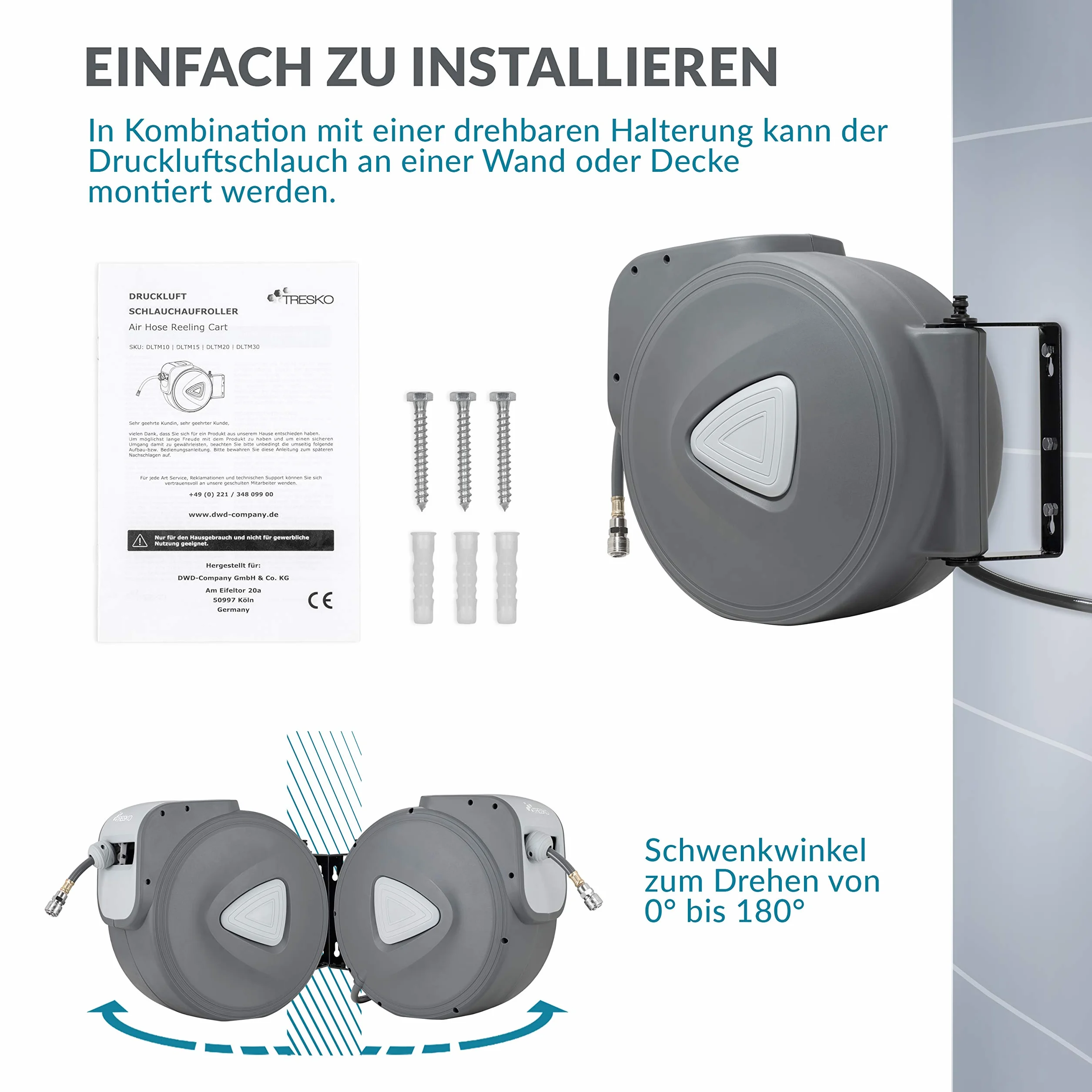 TRESKO Wąż sprężonego powietrza 30 m 1/4", automatyczne przyłącze, bęben