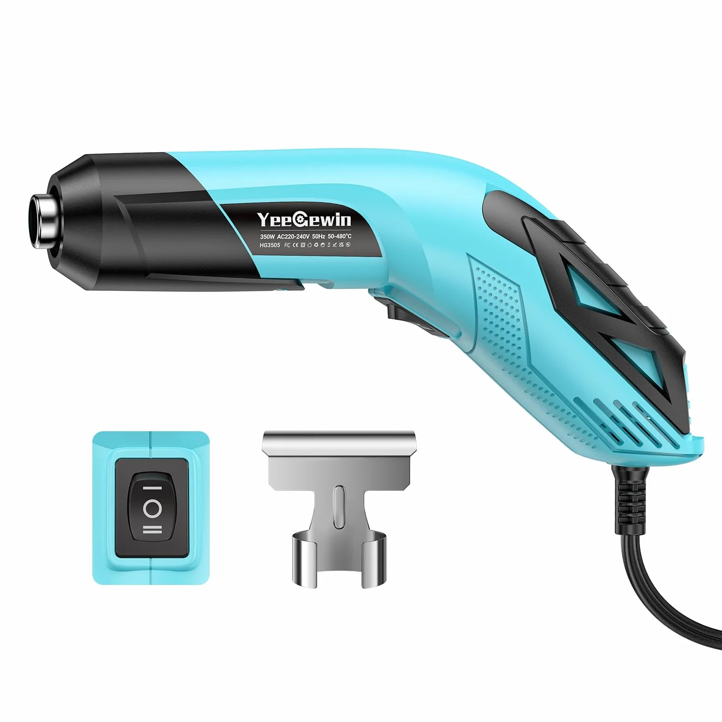 Mini opalarka 350 W z 2 poziomami temperatury 290℃/480℃, ręczna suszarka na gorące powietrze z dyszą odblaskową, zabezpieczenie przed przeciążeniem i czas nagrzewania 1,5 S do folii