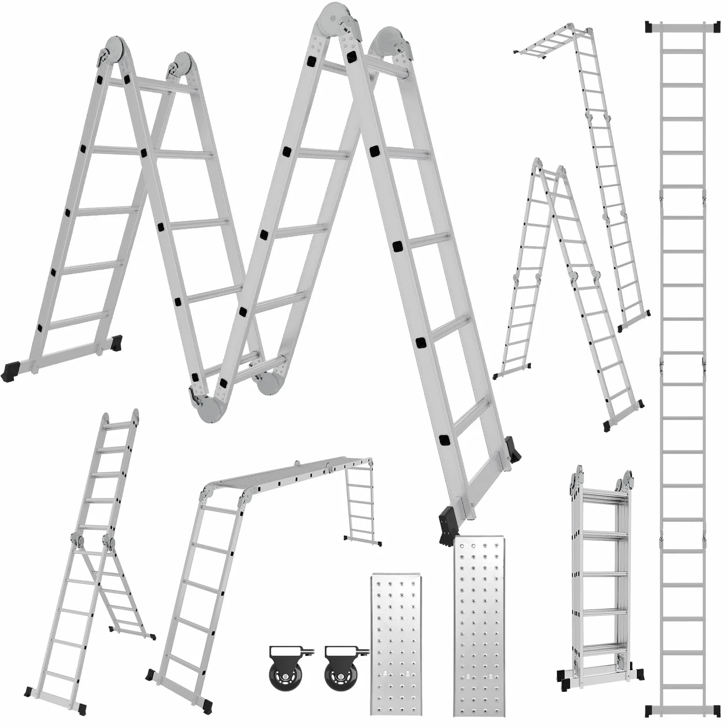 Wielofunkcyjna drabina 7 w 1, drabina aluminiowa, 582 cm, 4 x 5 stopni do 150 kg, z 2 płytami rusztowania i kółkami transportowymi, drabina przegubowa, składana drabina domowa