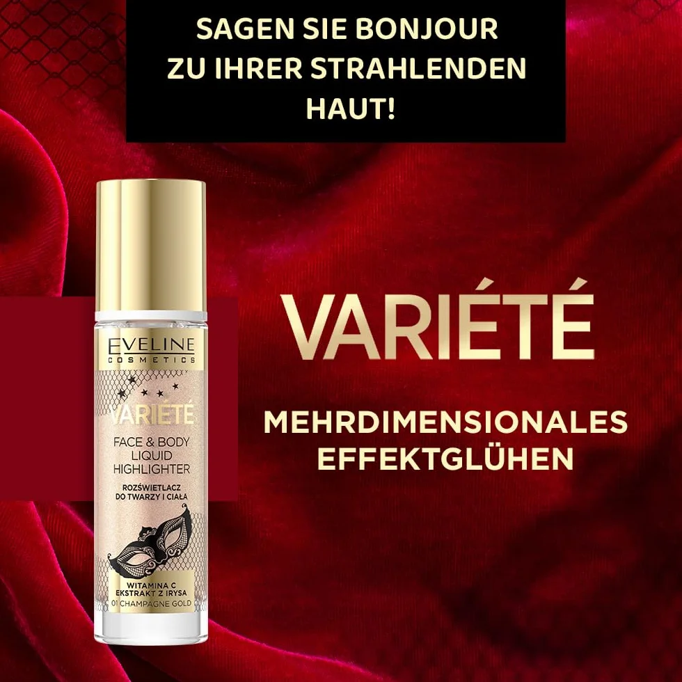 Eveline Cosmetics Varit płynny rozświetlacz do twarzy i ciała – nr 01 Champagne Gold | wszechstronna formuła na policzki, oczy, usta i ciało | wzbogacony witaminą C i wyciągiem z irysa