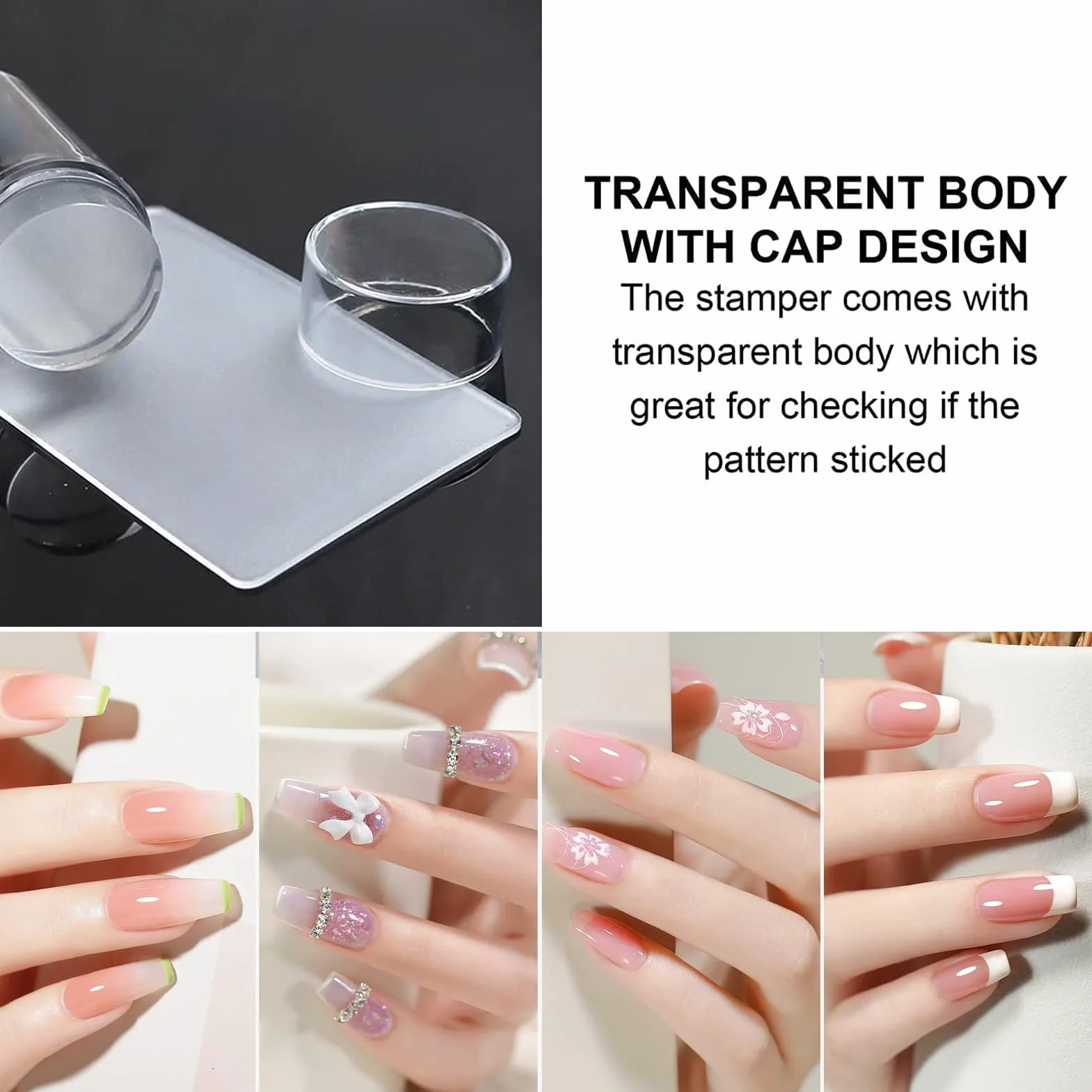 Zestaw 2 stempli do paznokci, z 2 skrobakami, przezroczyste stemple i skrobak do projektowania French Line – miękki, przezroczysty stempel do manicure, narzędzi, do samodzielnego wykonania