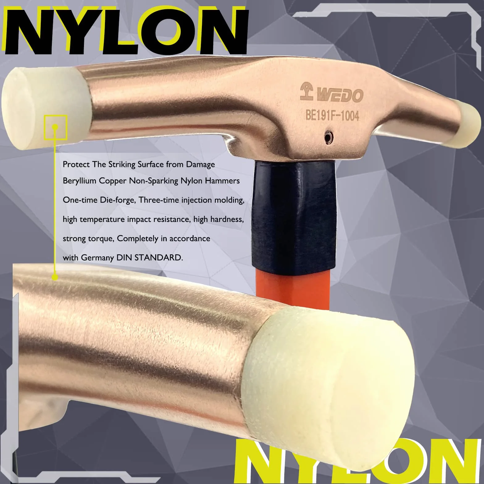 WEDO Młotek z nylonową końcówką, młotek nieparkingowy, miedź berylowa, głowa, 420 g, długość 280 mm, młotek tapicerski, uchwyt z włókna szklanego, certyfikat BAM