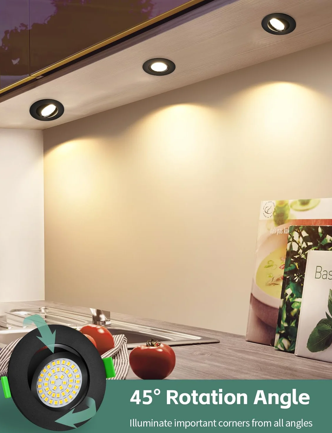 KYOTECH reflektory LED wpuszczane z możliwością ściemniania 68–80 mm 5W IP44, ultracienkie, neutralna biel 4000K, wodoszczelne rotacyjne o 45° reflektory sufitowe do łazienki, czarne, zestaw 6 sztuk