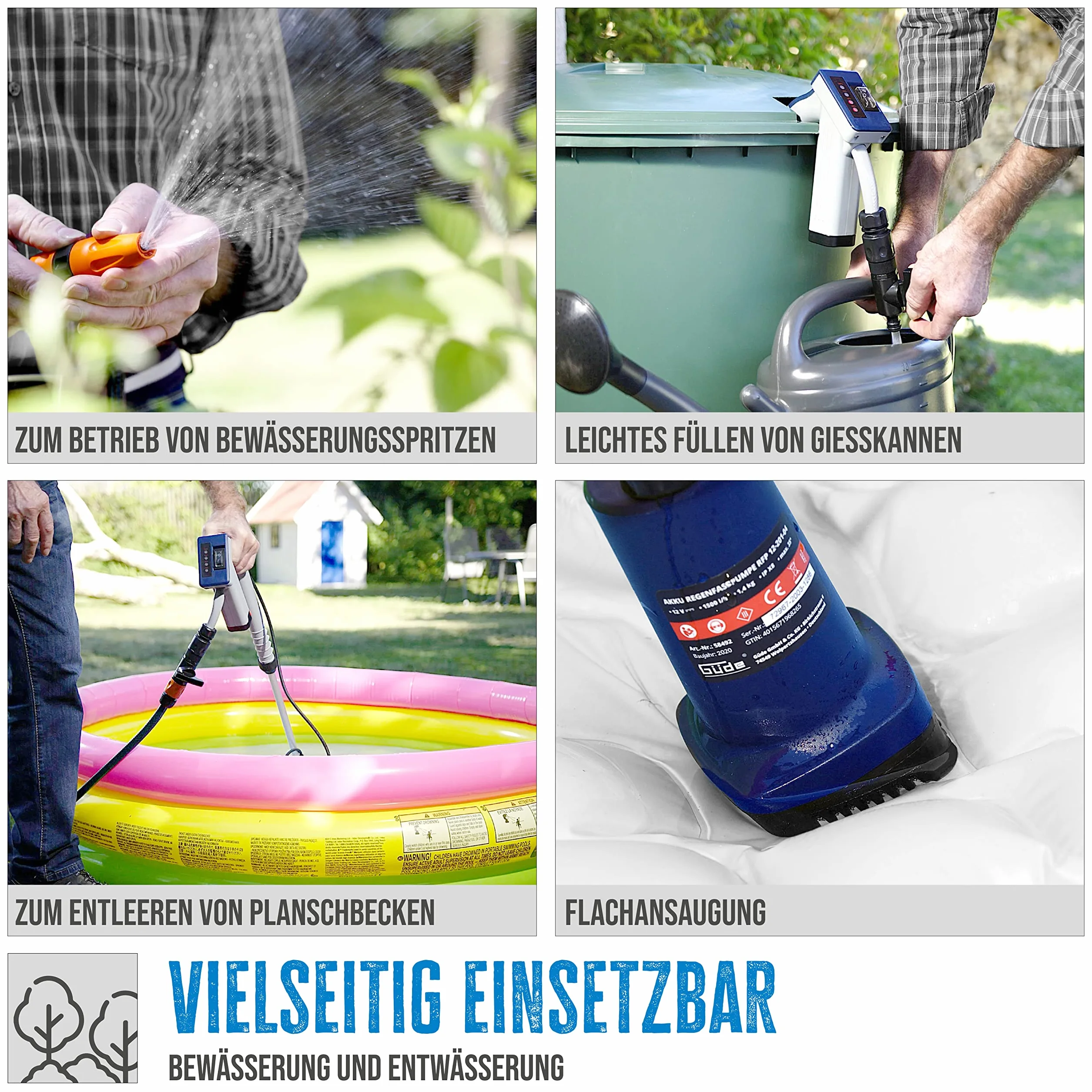 Güde Akumulatorowa pompa do beczki deszczowej RFP 12-201-04 (12 V, 1500 l/h, testowana dobrze - bardzo dobra ochrona przed pracą na sucho, wysokość tłoczenia 11 m, maks. wielkość ziarna 0,5 mm, zawór