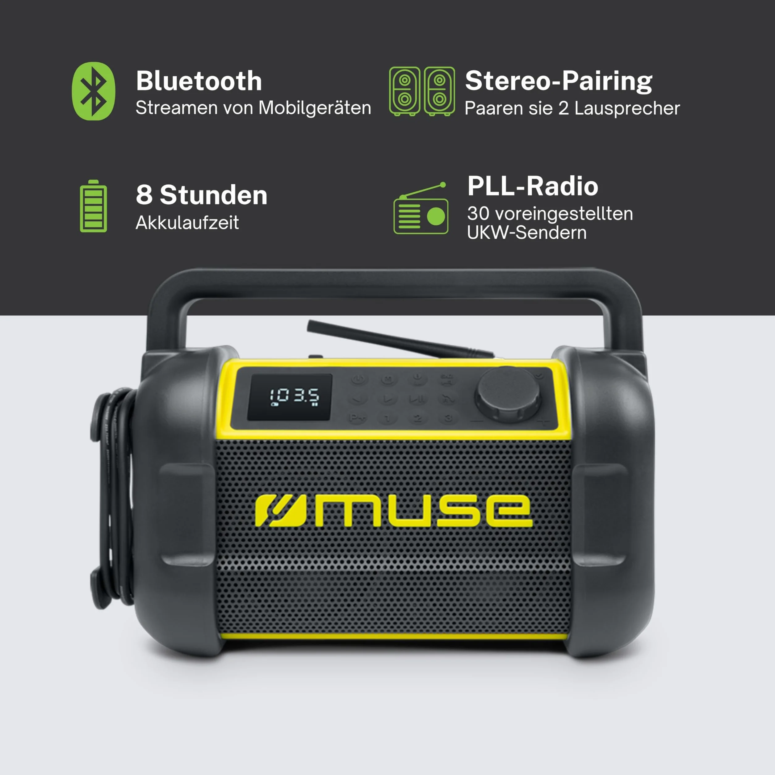 Muse M-928 BTY radio na plac budowy, wytrzymałe, odporne na kurz i wodę bryzgową (IP64), z Bluetooth i radiem FM, zintegrowaną ładowarką i złączem USB-C, czarno-żółte
