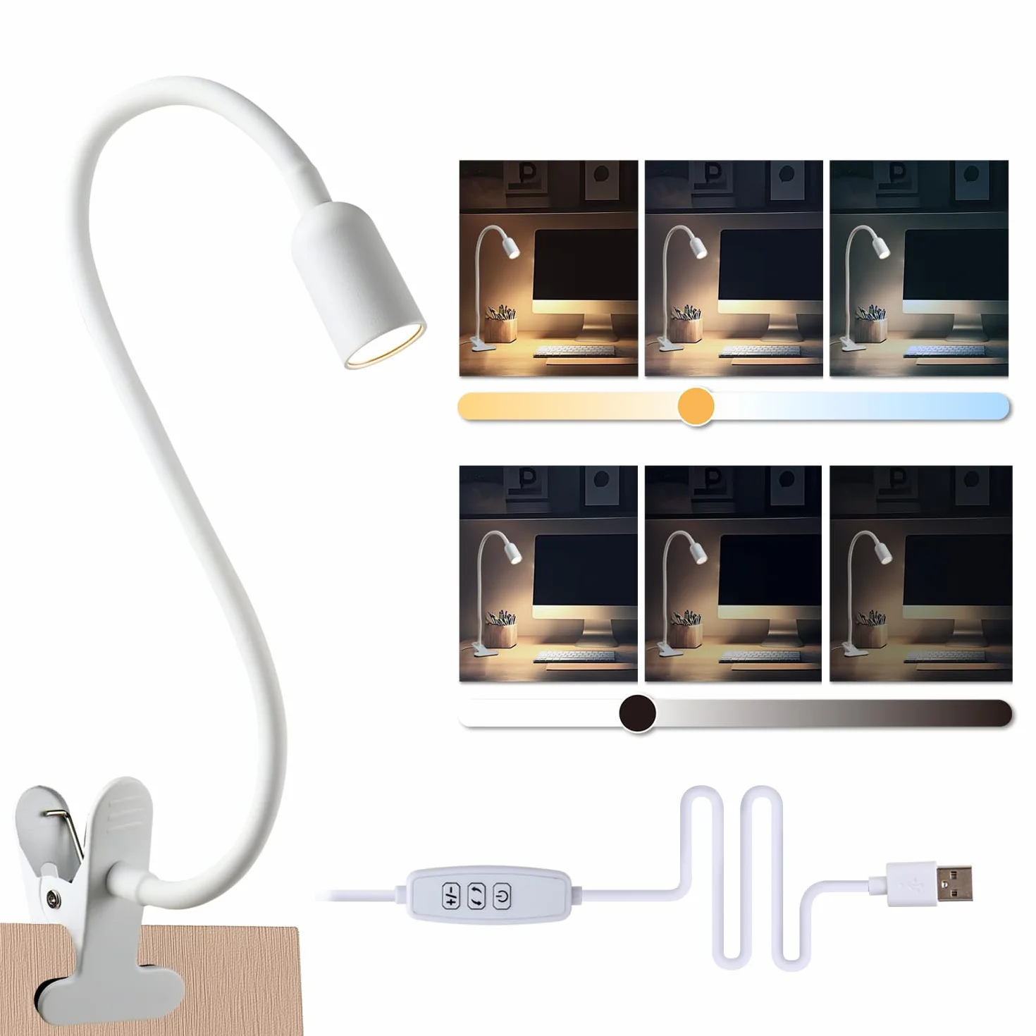 da LIGHT Lampa do czytania łóżka, zaciskowa, z zaciskiem LED, 3 temperatury barwowe, ściemniana lampa zaciskowa, lampka stołowa USB z kablem, biała, do nauki, czytania, pracy