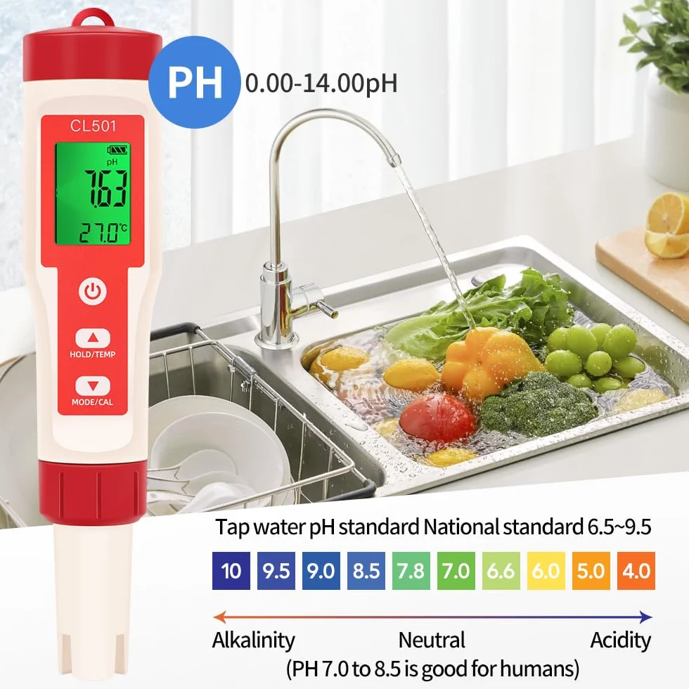 OBEST Miernik chloru i pH basen 5 w 1, phmetr ORP H2 Temperatura, tester pH z wyświetlaczem LCD