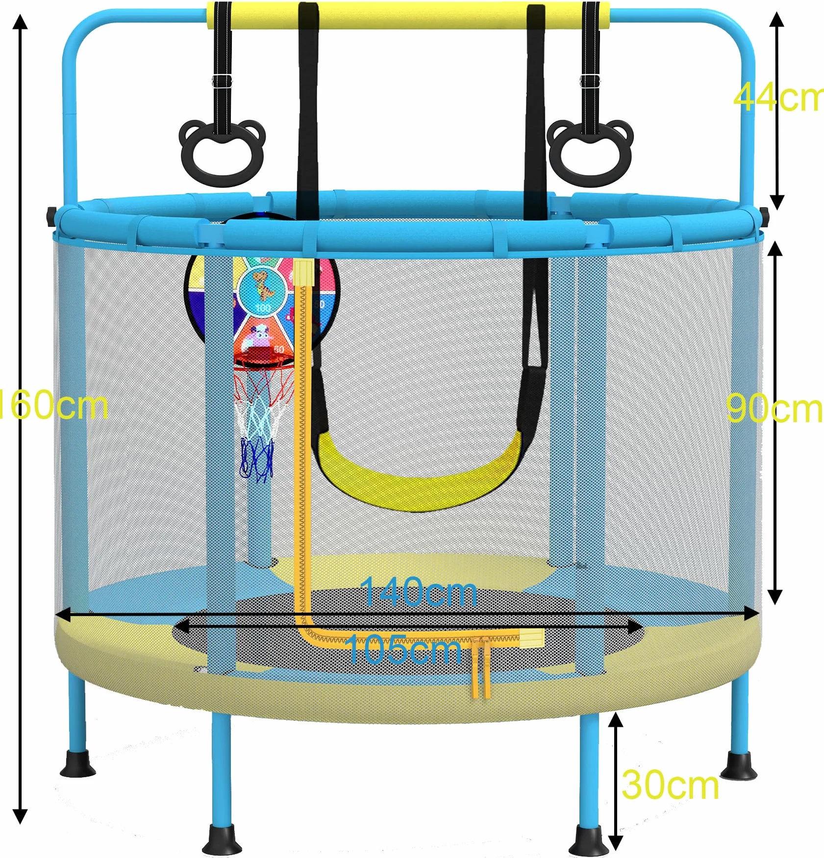 PILIN Trampolina dziecięca, wielofunkcyjna trampolina 4 w 1, zawiera huśtawki, bary, obręcze, obręcze do koszykówki, tarcze do rzutek, nośność 50 kg, do użytku wewnątrz i na zewnątrz