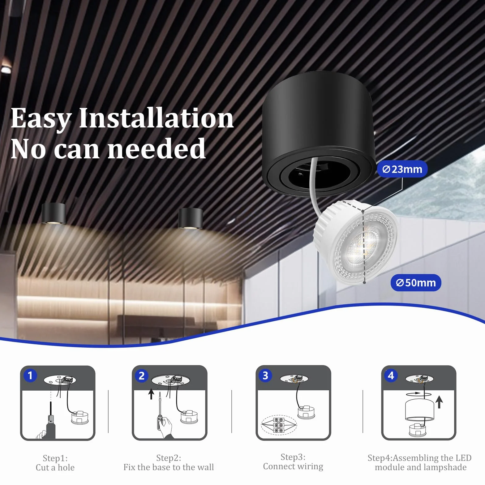 GeyouLux 6x czarne reflektory sufitowe - ekstra płaskie i obrotowe o 38° - Ø80 x 50 mm - obrotowy reflektor - 5 W 500 lm 3000K - moduł LED 230 V w zestawie - Aluminiowa lampa sufitowa LED