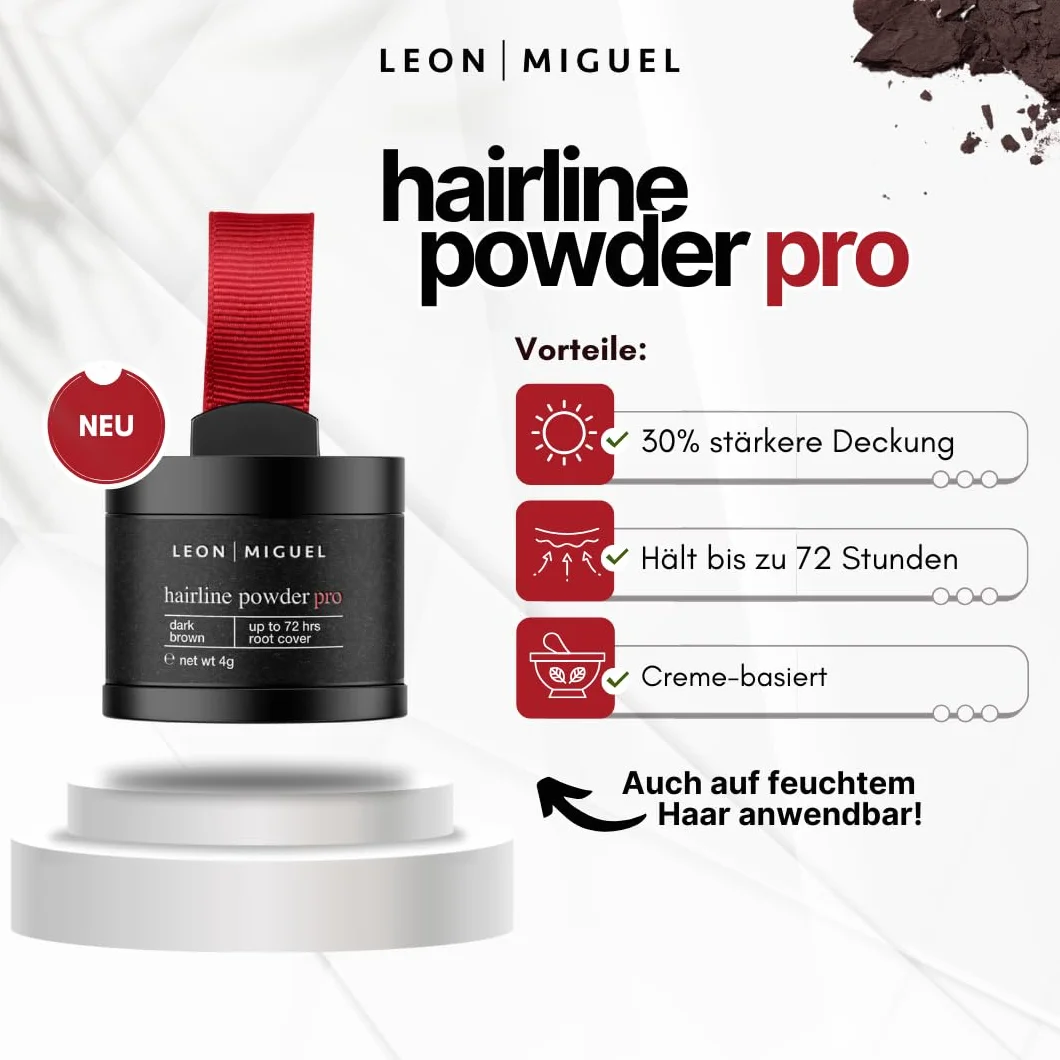 LEON MIGUEL Hairline Powder Puder z korzeni w proszku do ukrycia korzeni, wodoodporny, niewidoczny makijaż zagęszczający włosy (brązowy, Hairline Powder Pro)
