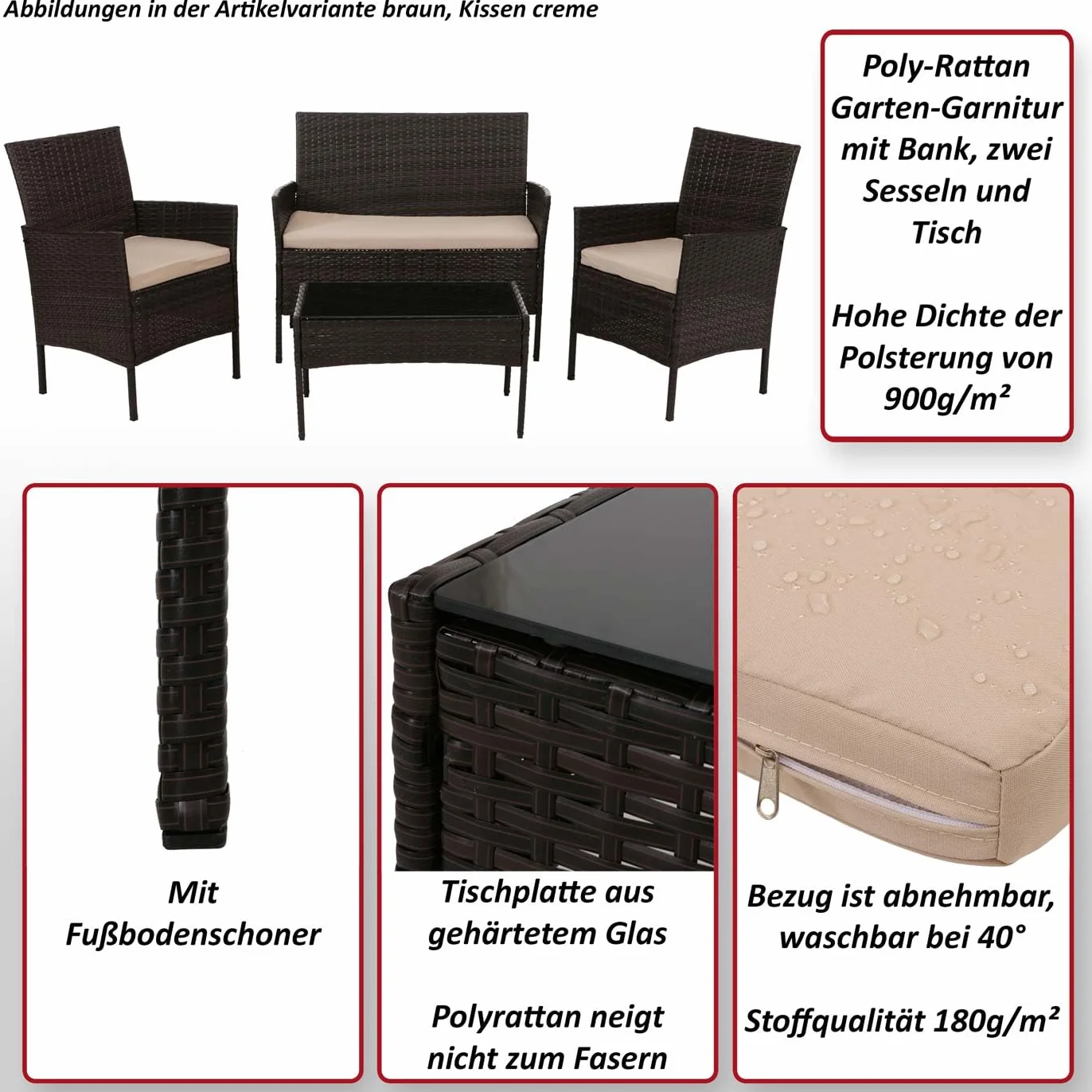 Zestaw ogrodowy z polirattanu HWC-N98, zestaw wypoczynkowy, metal, szkło, tkanina/tkanina (180 g/m²) - brązowy, poduszka kremowa