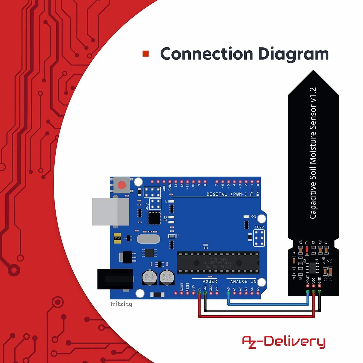 AZDelivery Czujnik Wilgotności Gleb Higrometr Moduł V1.2 Pojemnościowy Kompatybilny z Arduino Raspberry Pi