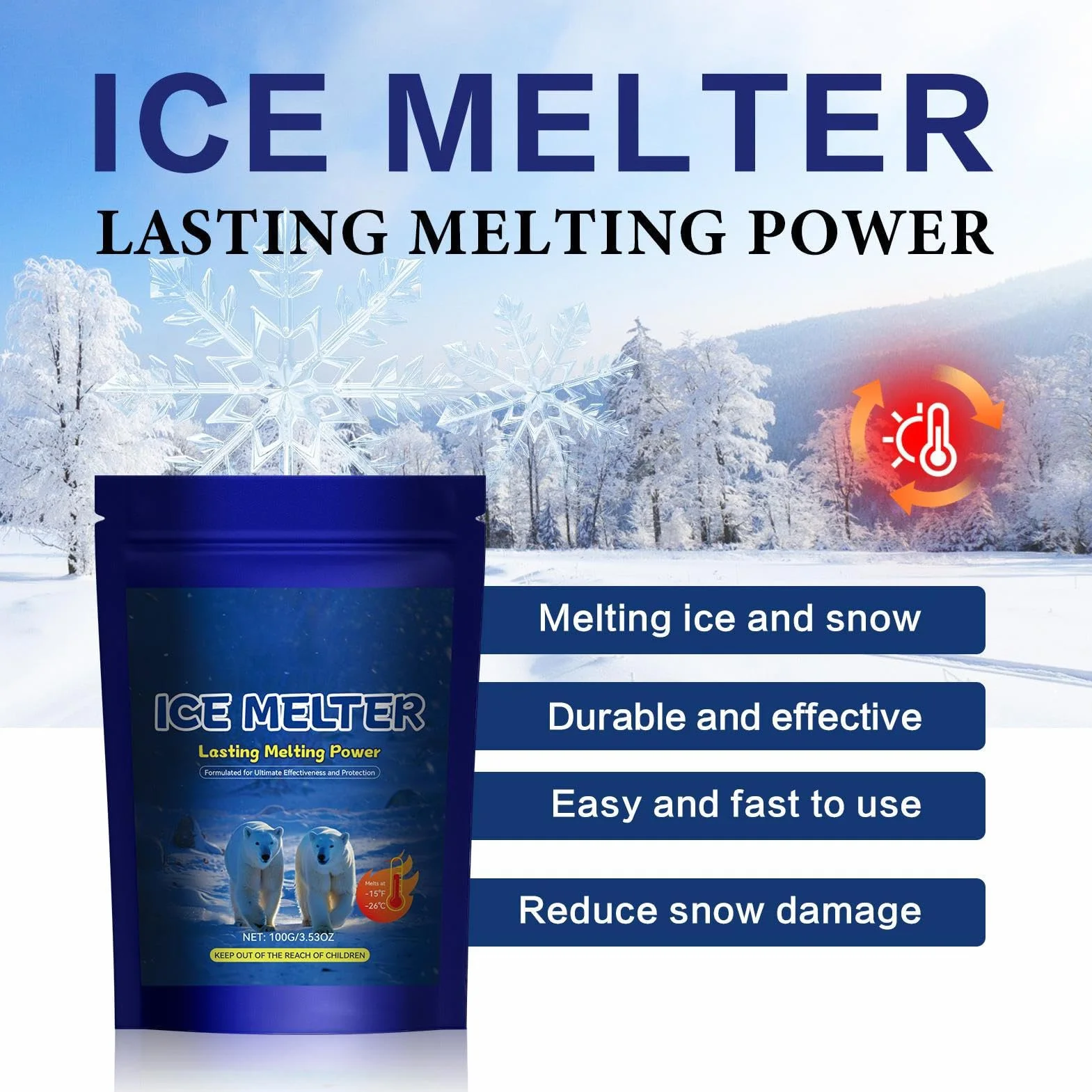 Ice Melter for Driveway - 100g Snow Removal Agent | Fast Acting Deicer for Concrete Road Garage Winter