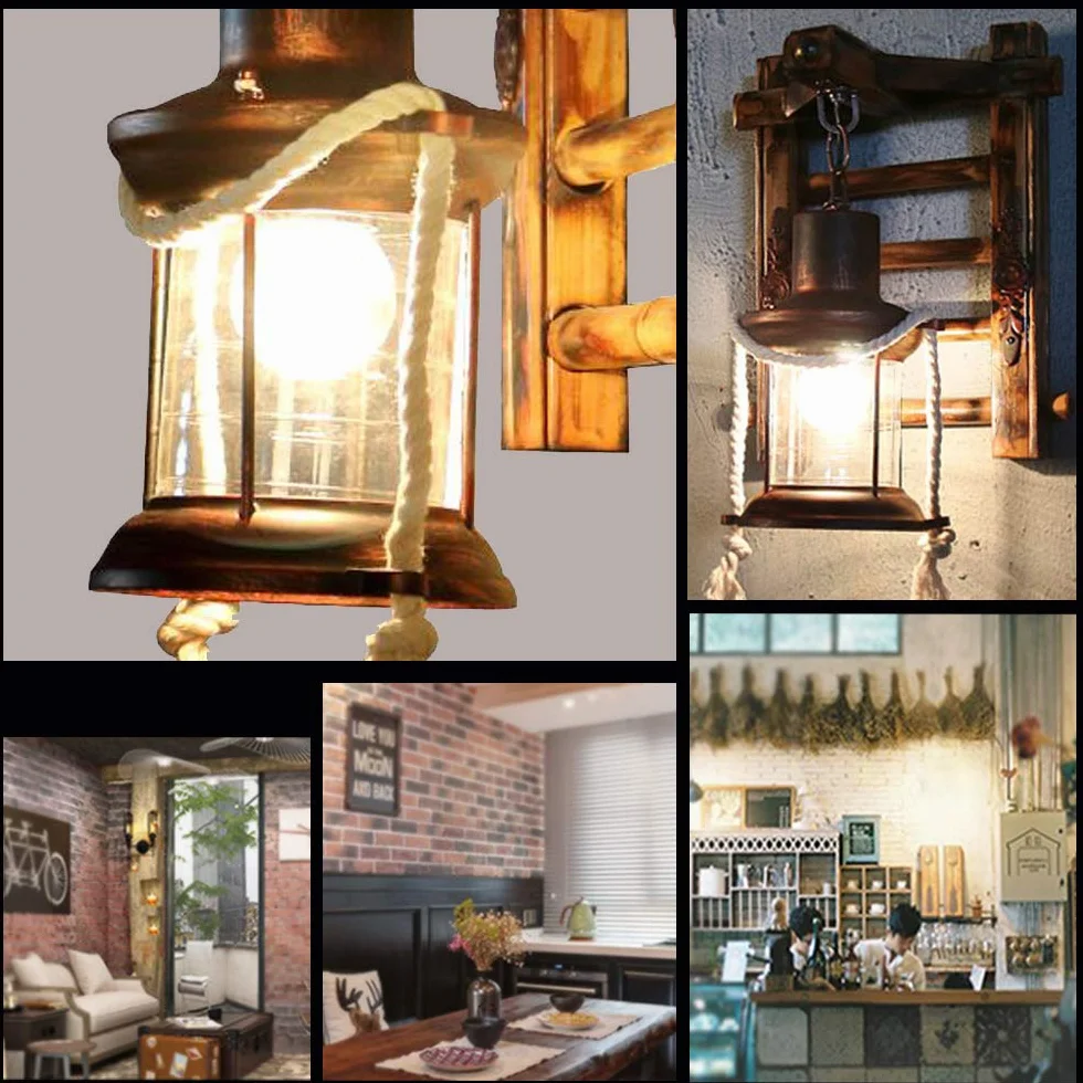 Lite Drewno Retro Światła Rustykalny Kinkiet Salon Kinkiet Sypialnia Kreatywny Korytarz Bar Kawiarnia Latarnia Vintage Szklane Schody Drewniane Projekt Kinkiety Ścienne Brak Źródła Światła
