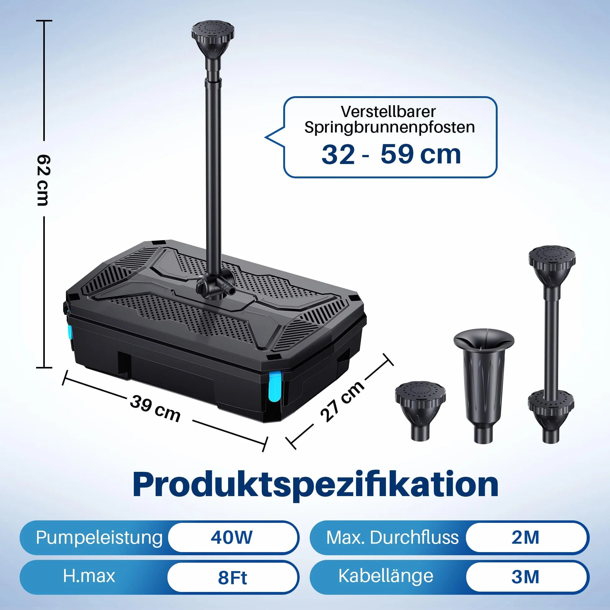 Biling Pompa filtrująca do stawu z oczyszczaczem UV, cicha pompa do stawu 2500 l/h, kompletny zestaw z filtrem, 3 dysze do stawów ogrodowych do 3000 litrów, do hodowli ryb i zwalczania glonów