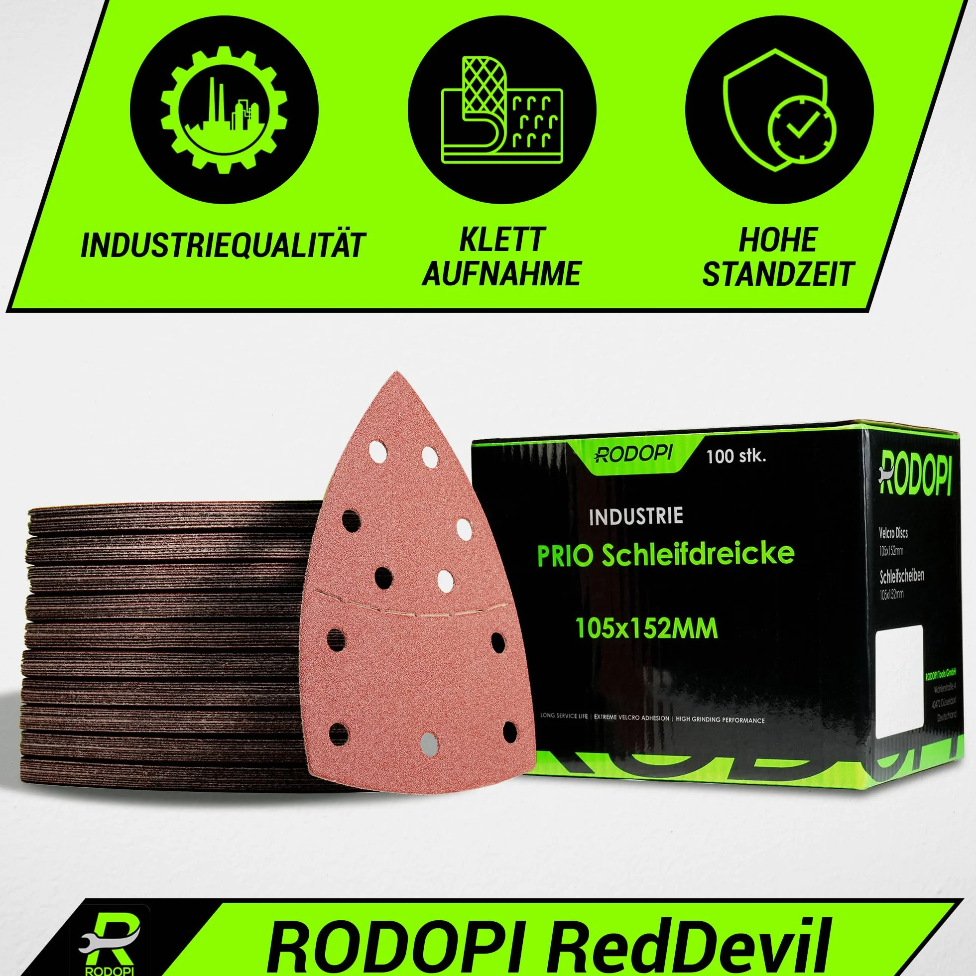 RODOPI RedDevil Papier ścierny do szlifierek wielofunkcyjnych, cyrkonu, korundu, rzepu, 105 x 152 mm, trójkąty szlifierskie Delta, 11 otworów, do szlifierek trójkątnych, ziarnistość 40-320, 50 sztuk,