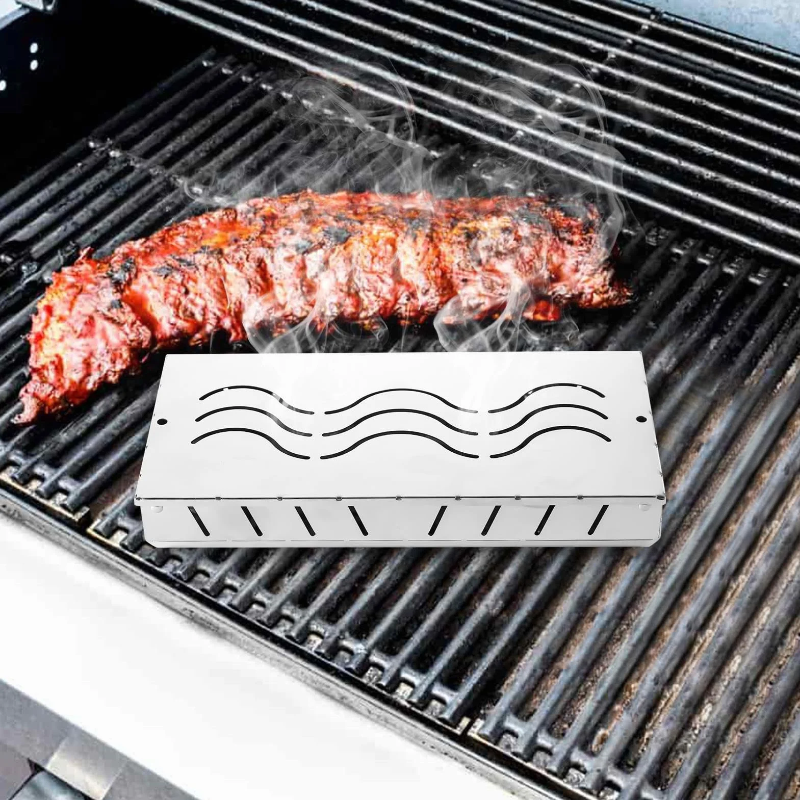 Puszka wędzarnicza stal nierdzewna drewniana skrzynka z chipami akcesoria do grill Vented Lid Design 24,5 x 11,7