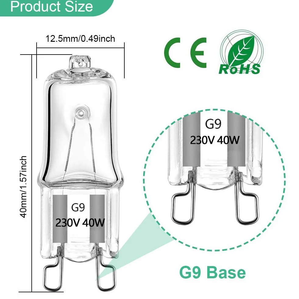 Żarówka G9, 10 sztuk, 40 W, 230 V, 2900 K, 480 lm, możliwość ściemniania, ciepła biel, G9, lampa halogenowa, odpowiednia do piekarnika, lamp sufitowych, lamp ściennych, oświetlenia szafy itd.