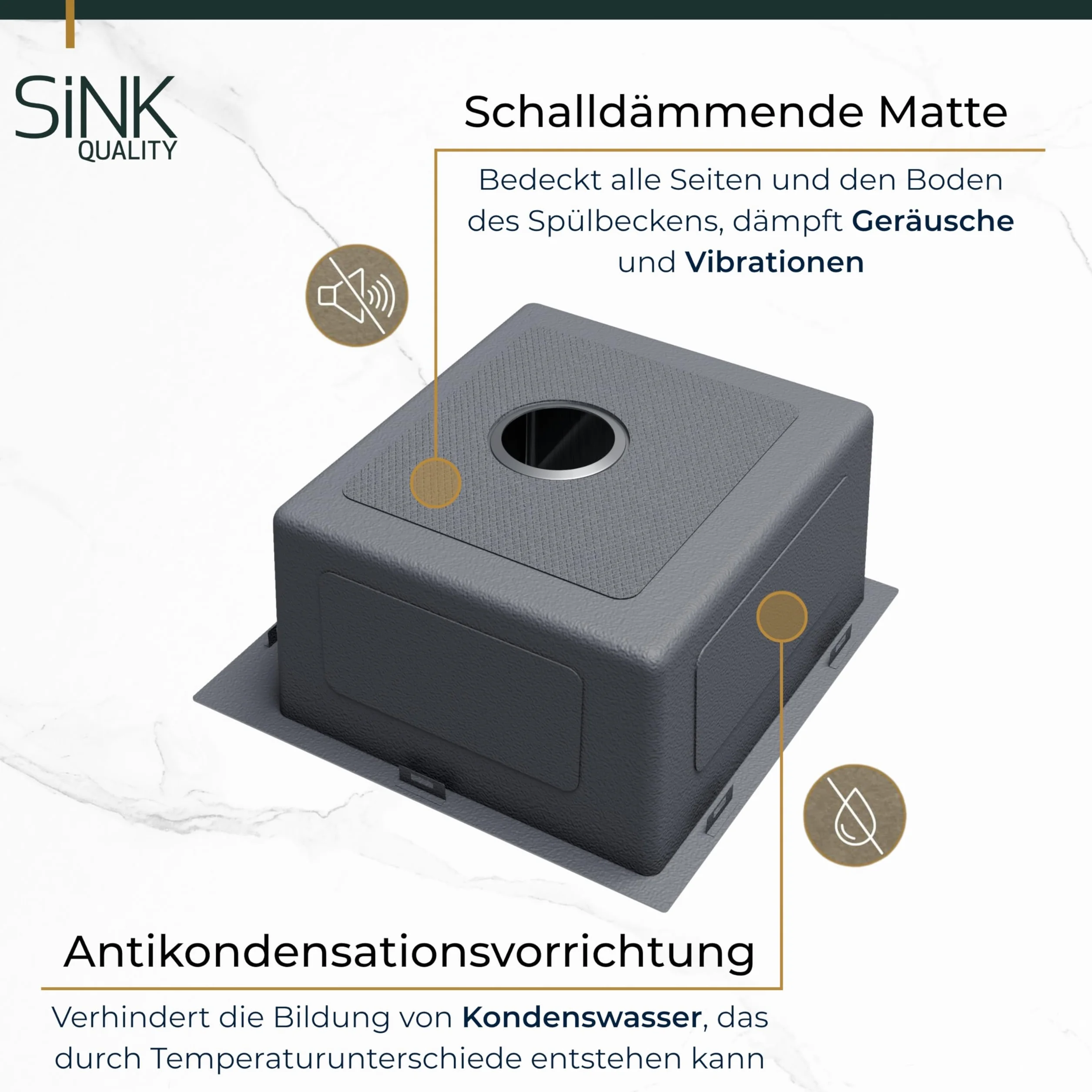 Sink Quality zlewozmywak ze stali nierdzewnej 50 x 45 cm – odporna na zarysowania powłoka PVD i oszczędzający miejsce syfon, zlewozmywak ze stali nierdzewnej 304 do szafki pod umywalkę 50 cm, łatwy w